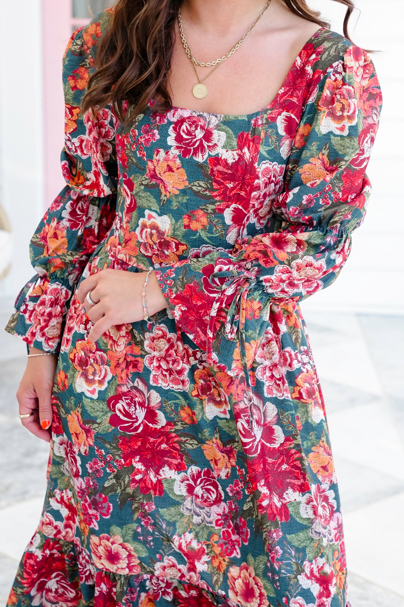 Plus/Reg Teal Floral 3/4 Sleeve Square Neck Midi Dress