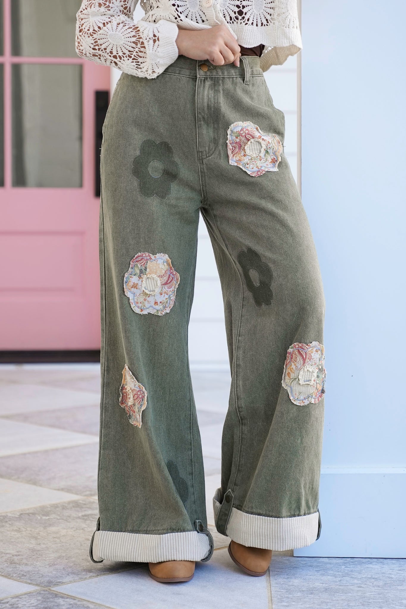 POL Wide Leg Pants with Patchwork