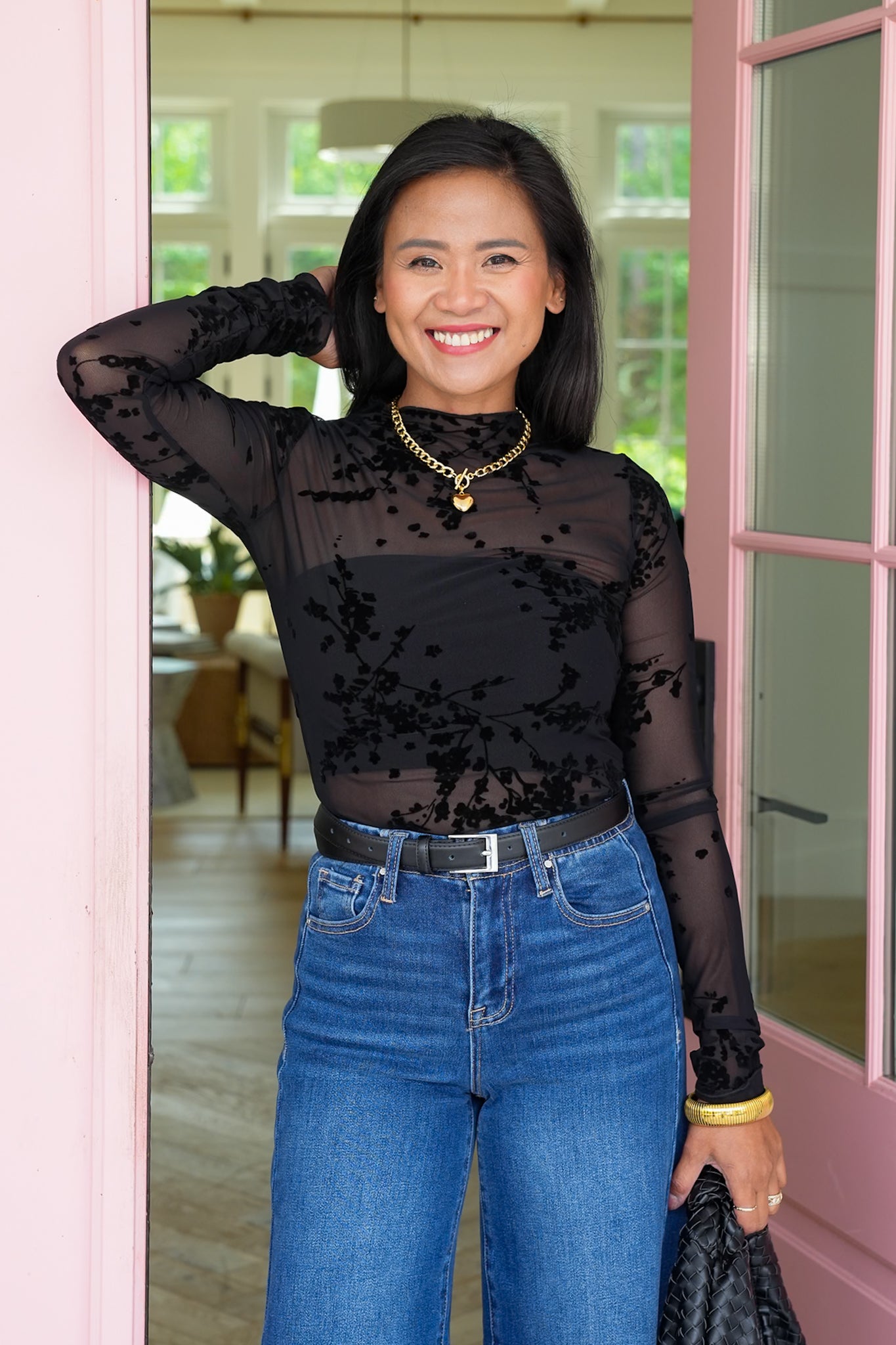 Black Floral Mesh Long Sleeve Mock Neck Top