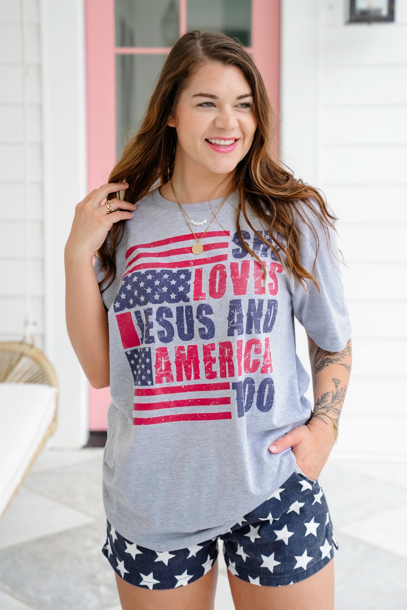 Plus/Reg Short Sleeve "She Loves Jesus and America Too" Graphic Tee