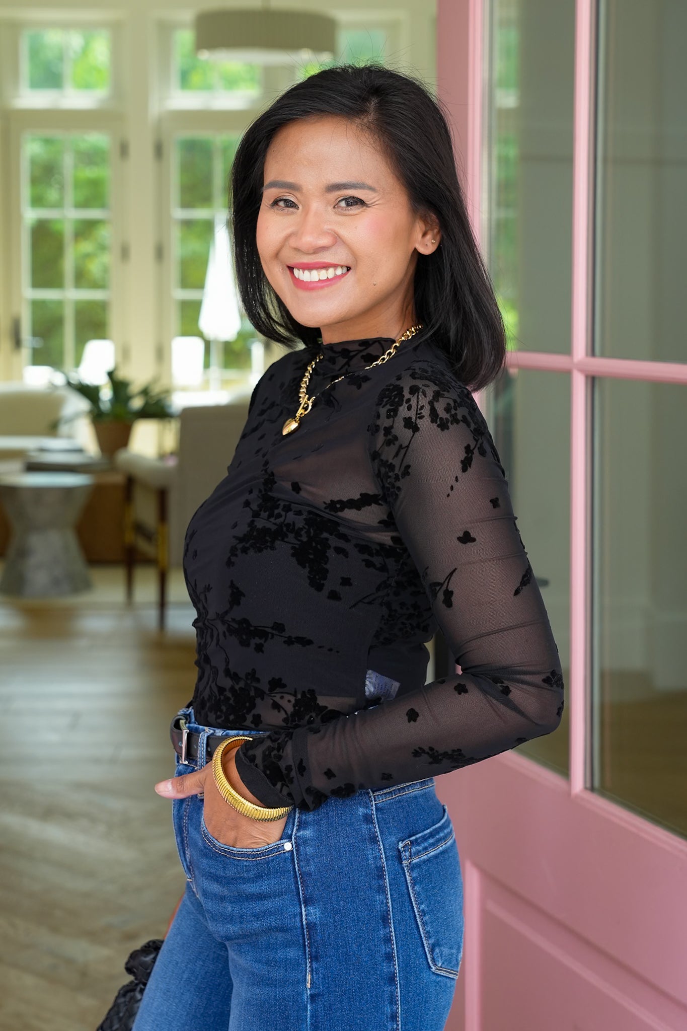 Black Floral Mesh Long Sleeve Mock Neck Top