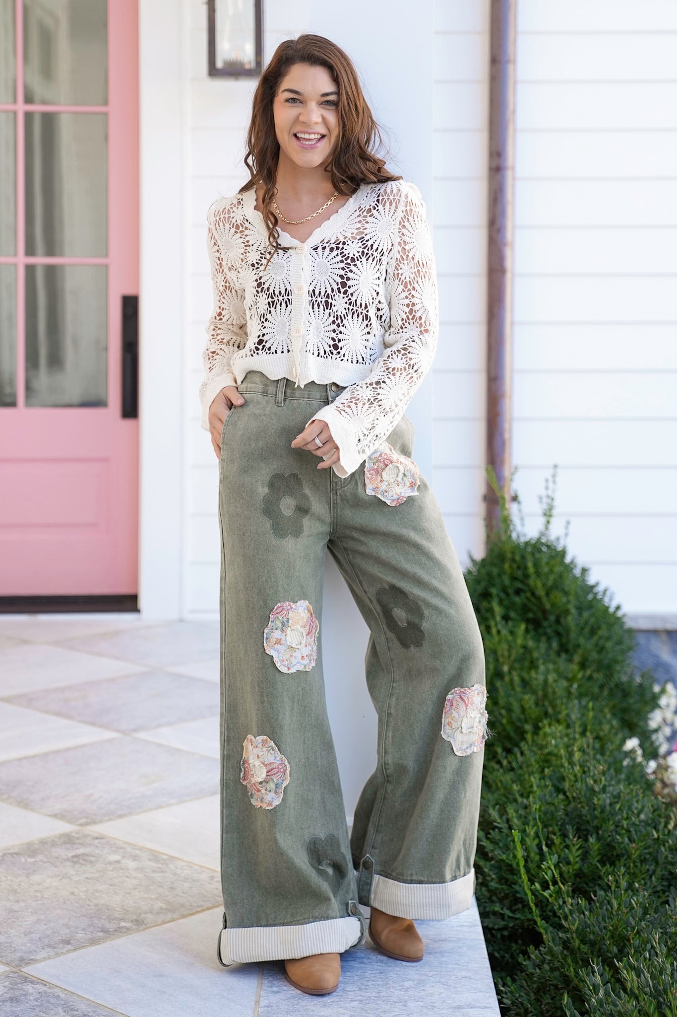 POL Wide Leg Pants with Patchwork