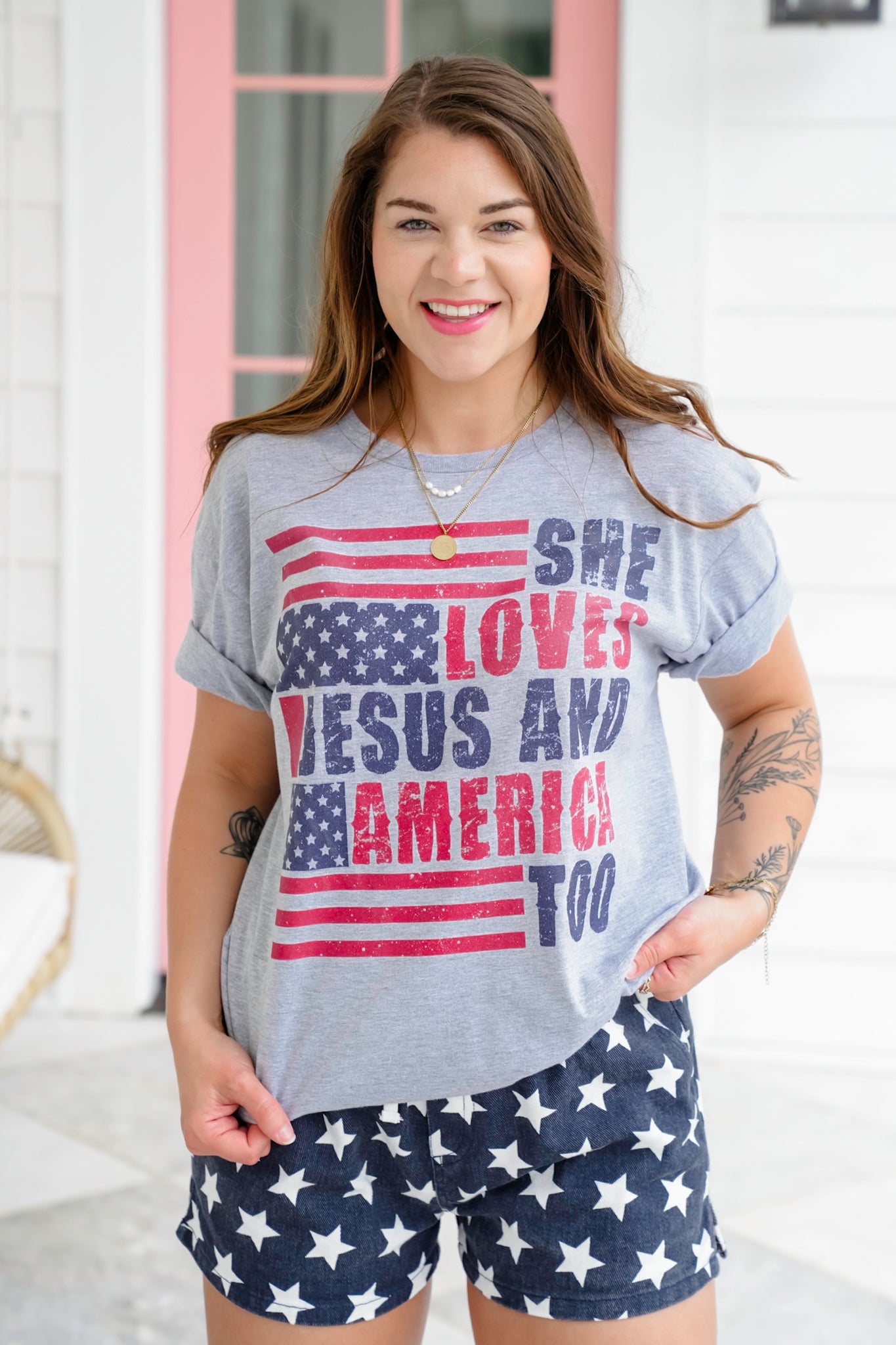 Plus/Reg Short Sleeve "She Loves Jesus and America Too" Graphic Tee