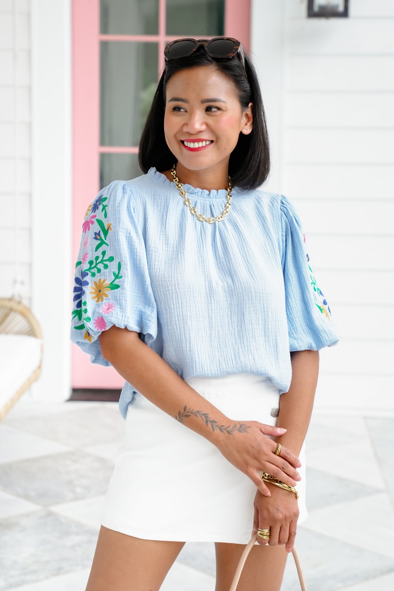 Gauze Short Puff Sleeve Top with Floral Embroidery Detail