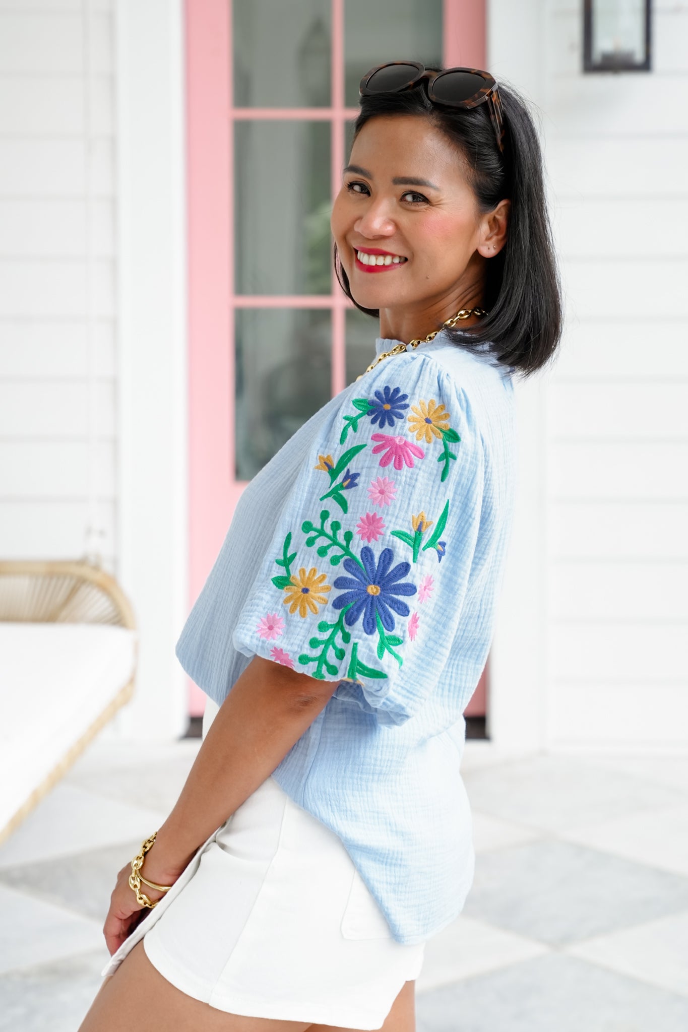 Gauze Short Puff Sleeve Top with Floral Embroidery Detail