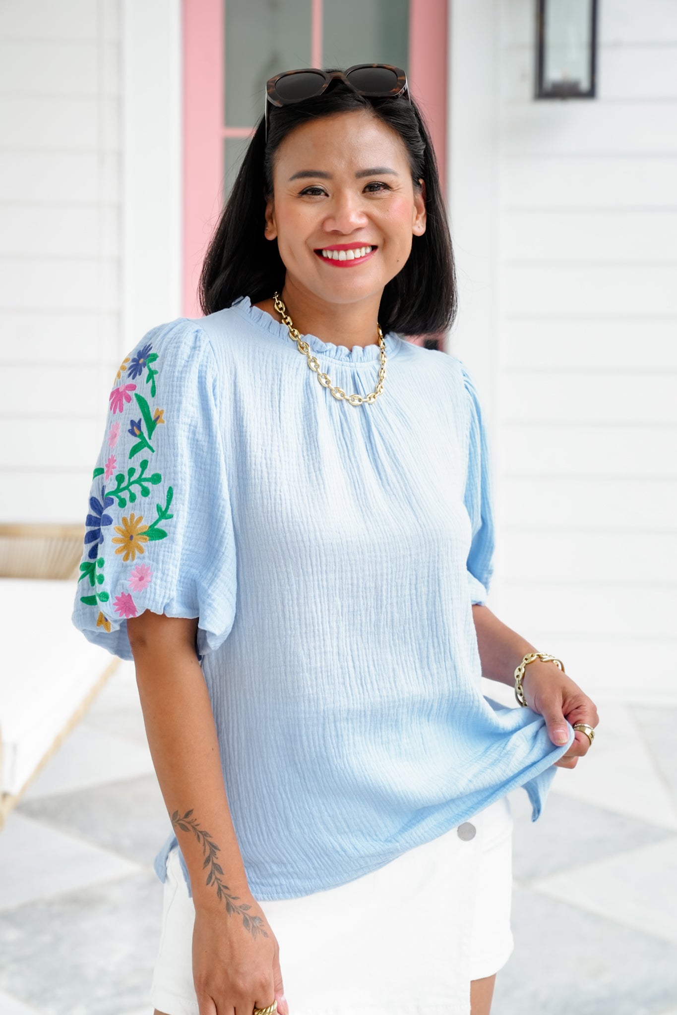 Gauze Short Puff Sleeve Top with Floral Embroidery Detail