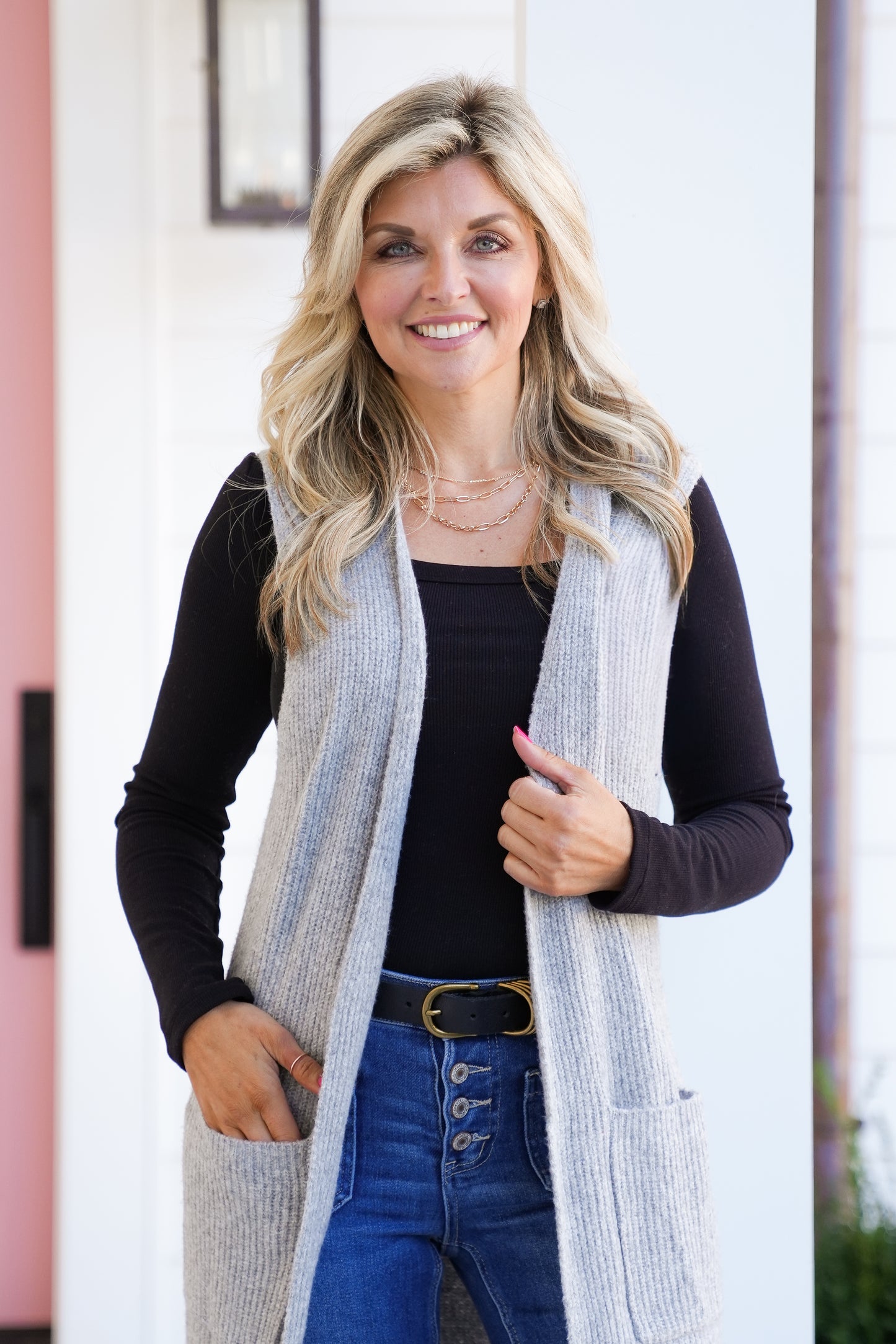 Sleeveless Long Cardigan with Pockets