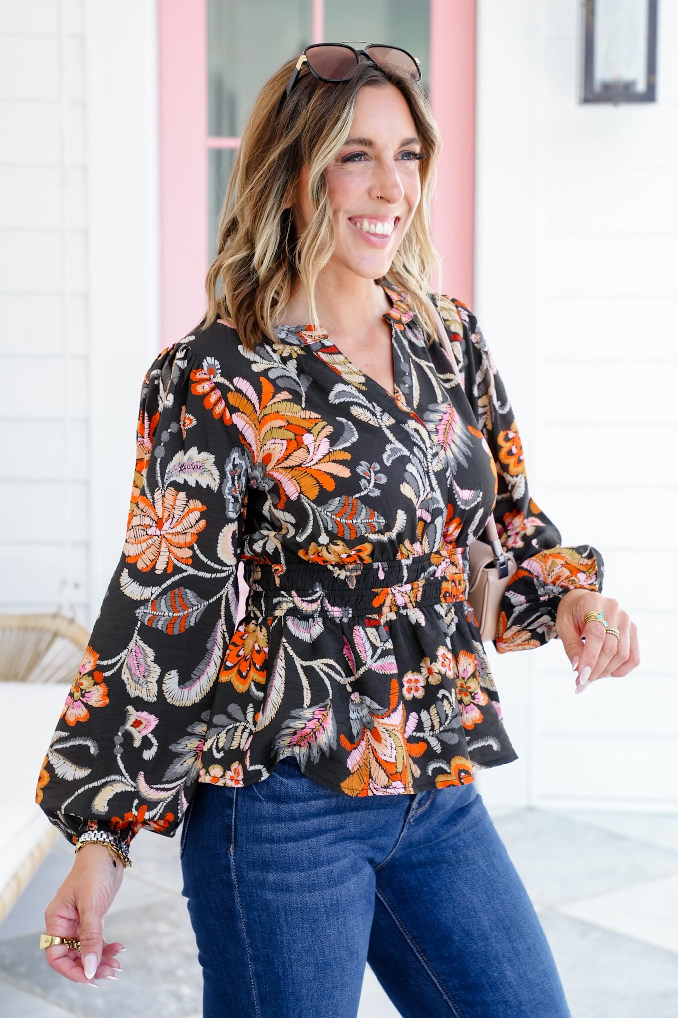 Plus/Reg Floral Print Long Sleeve Peplum Blouse