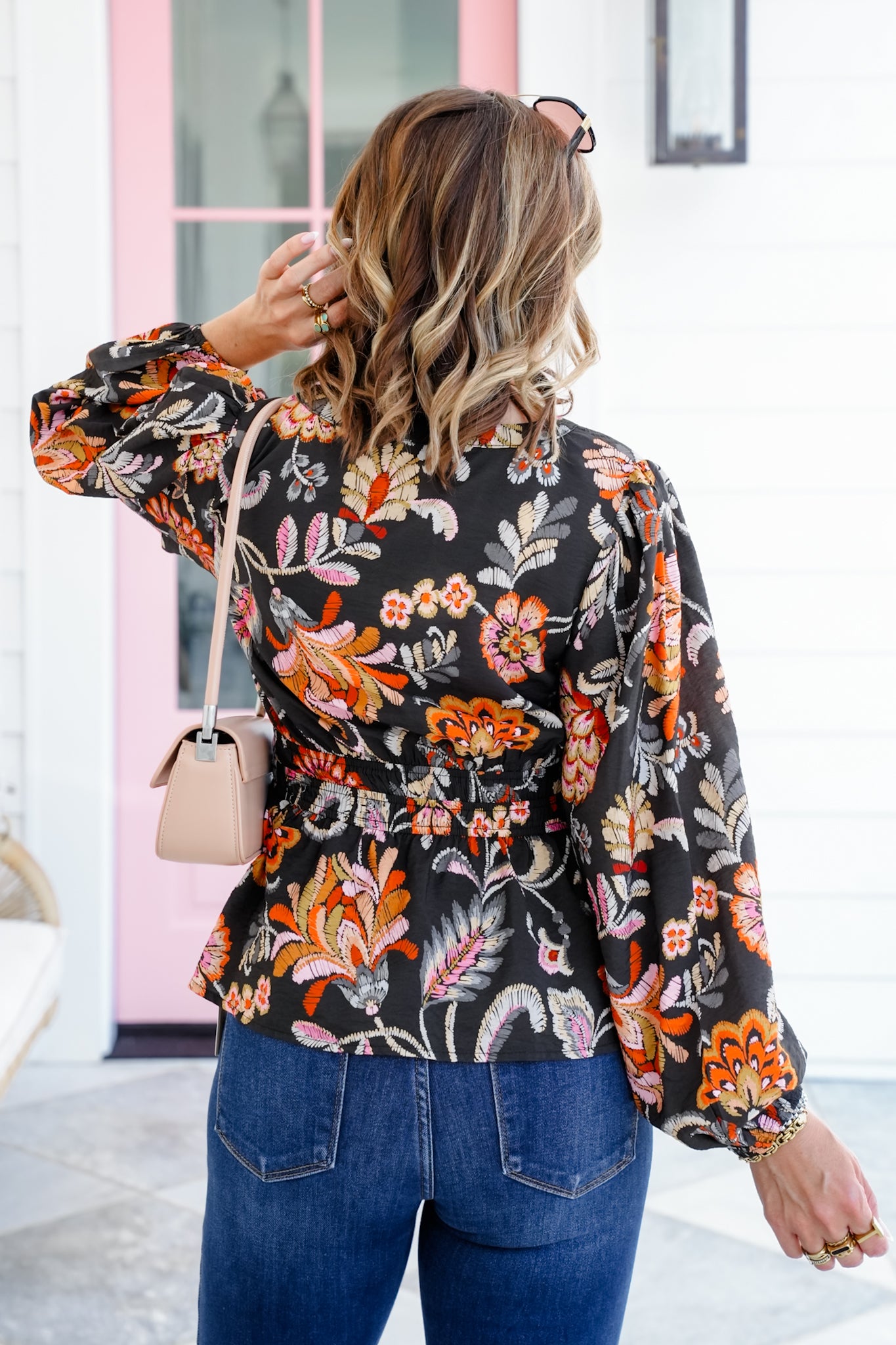 Plus/Reg Floral Print Long Sleeve Peplum Blouse