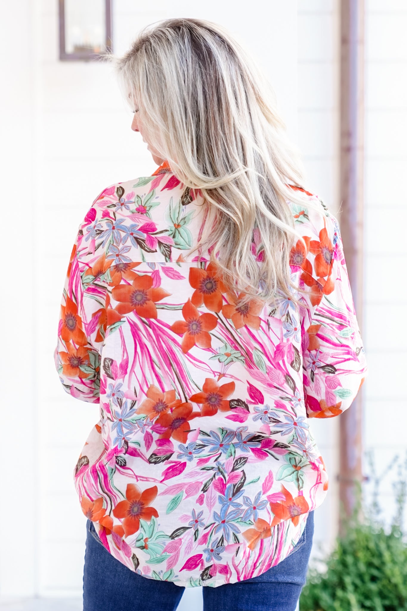 POL Floral Pattern Long Sleeve Button Down Top