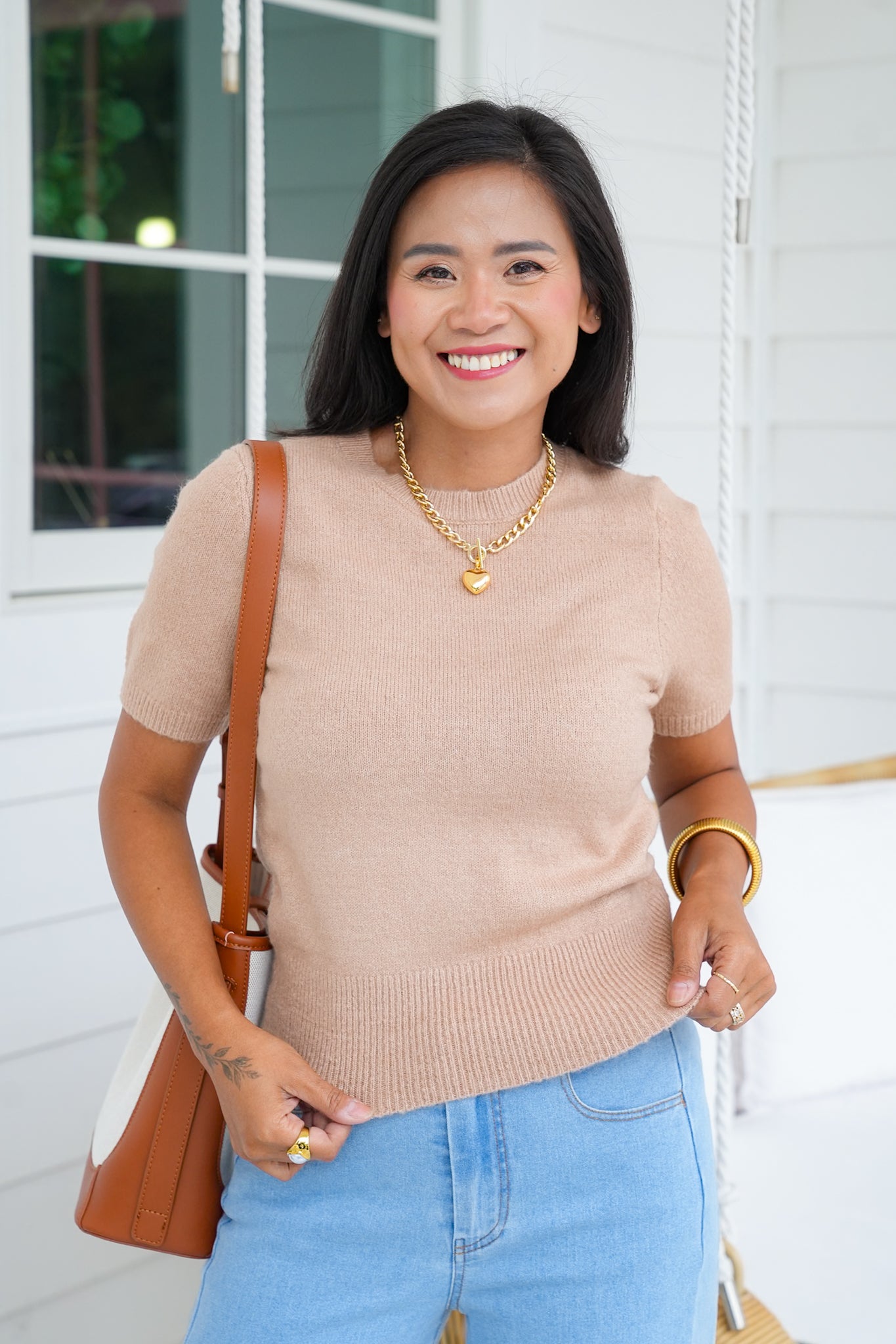 Solid Short Sleeve Crew Neck Knit Sweater