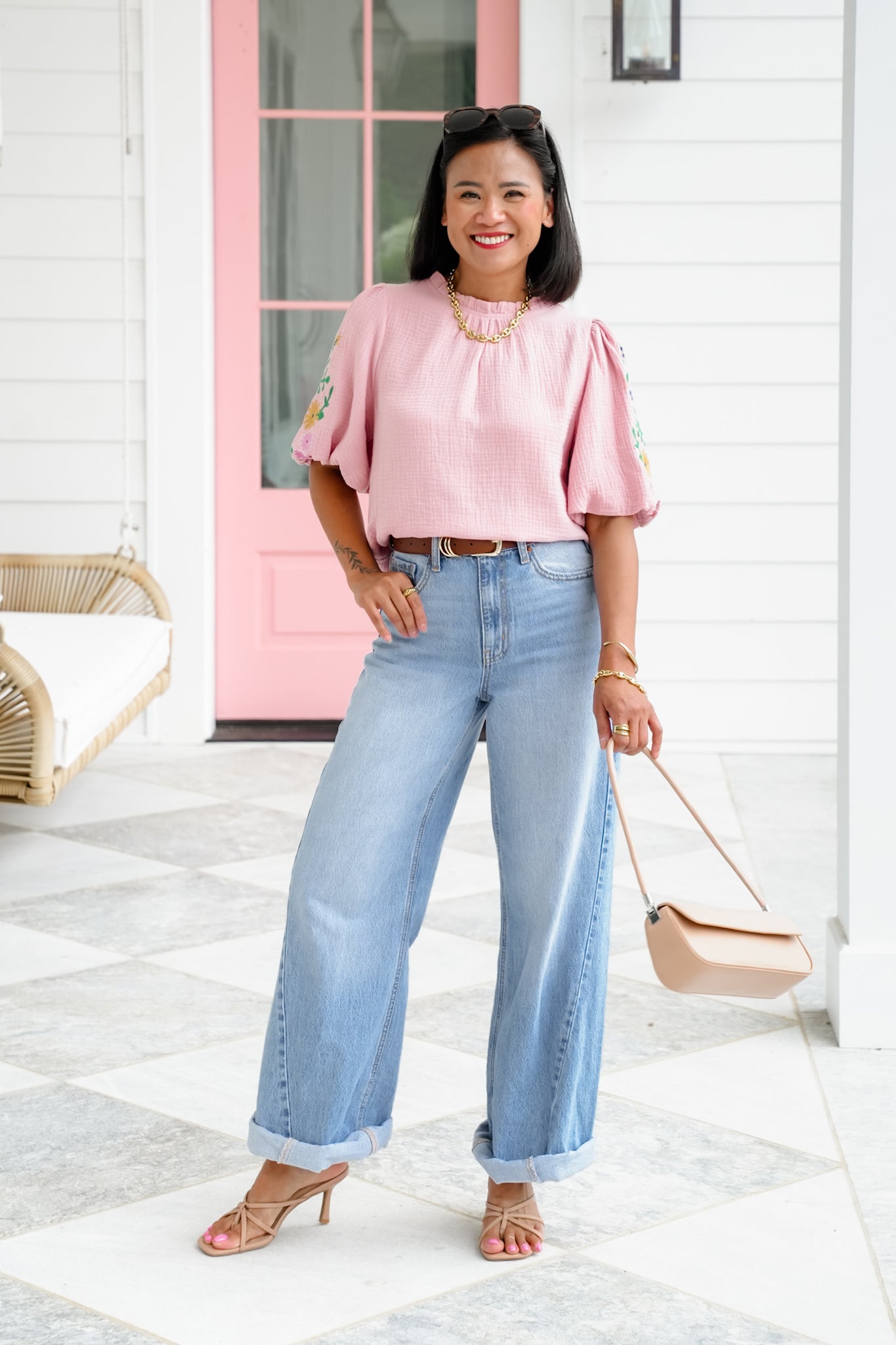 Gauze Short Puff Sleeve Top with Floral Embroidery Detail