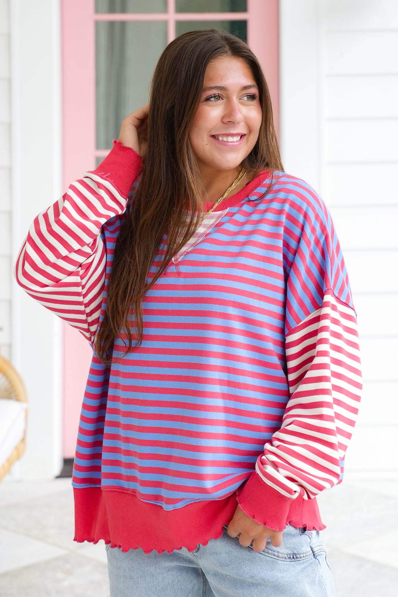 Stripe Color Block Long Sleeve Pullover Top