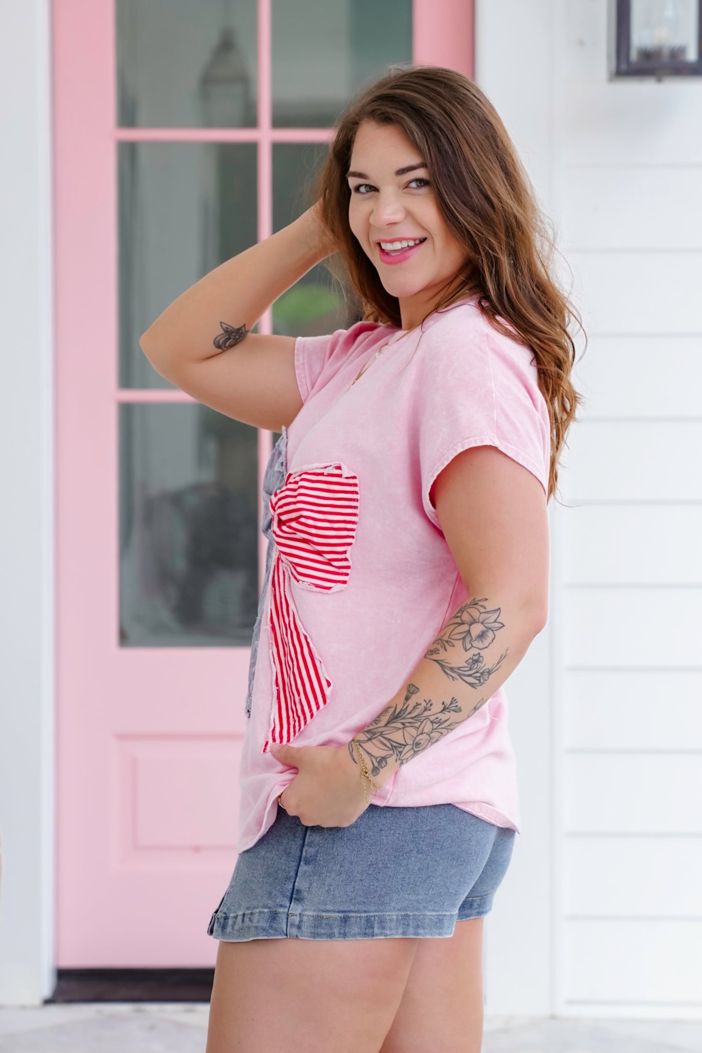 Mineral Wash Short Sleeve Top with American Flag Bow