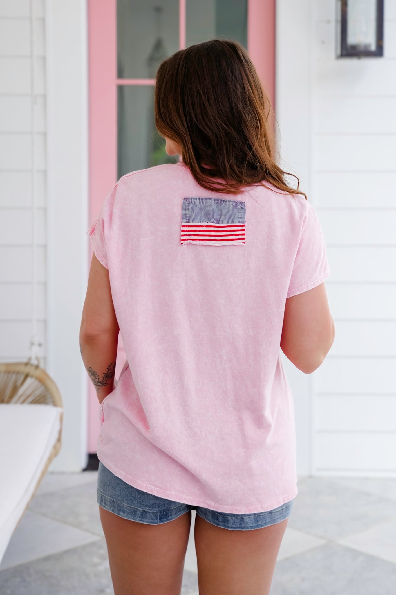 Mineral Wash Short Sleeve Top with American Flag Bow