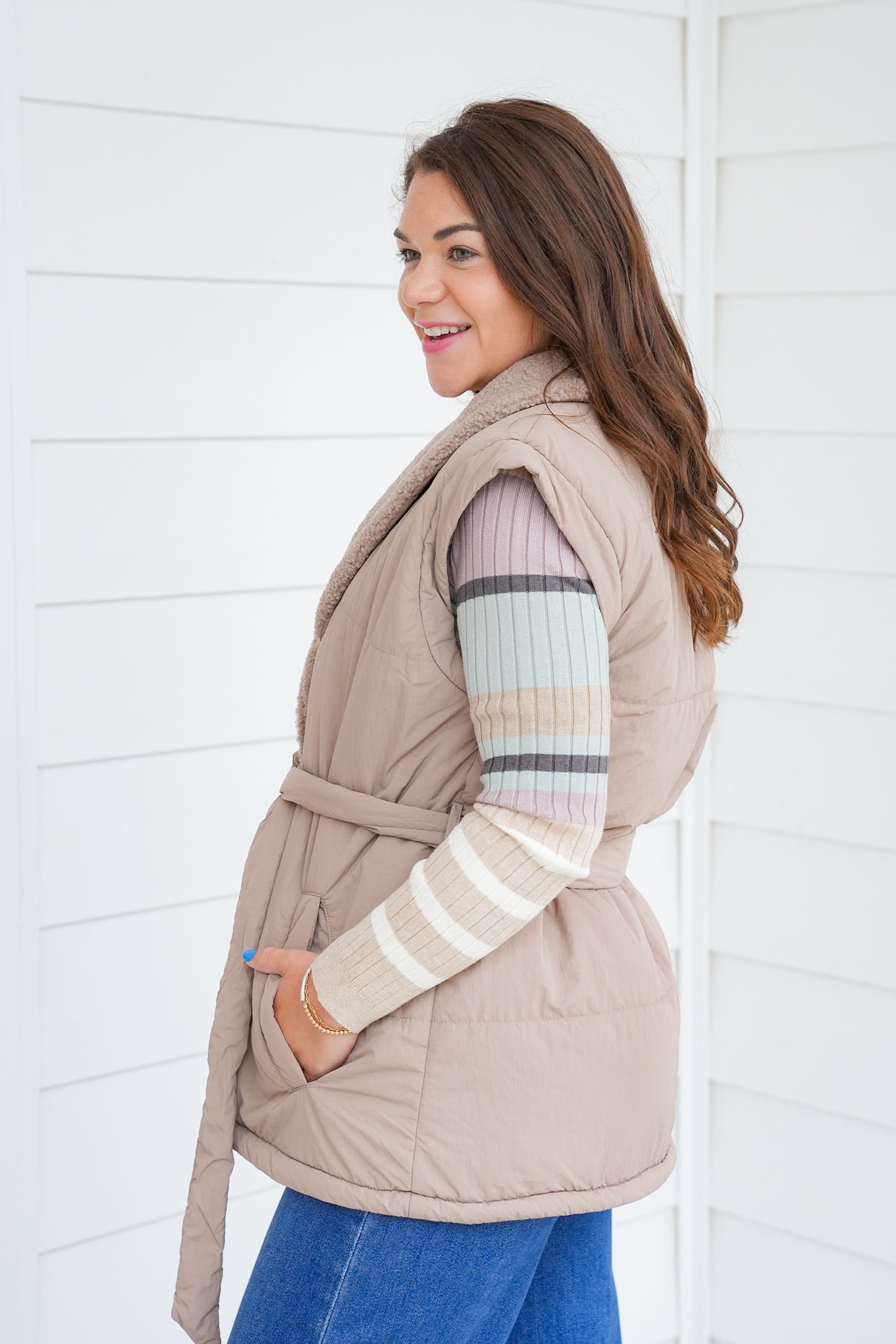 Reversible Sherpa Belted Puffer Vest