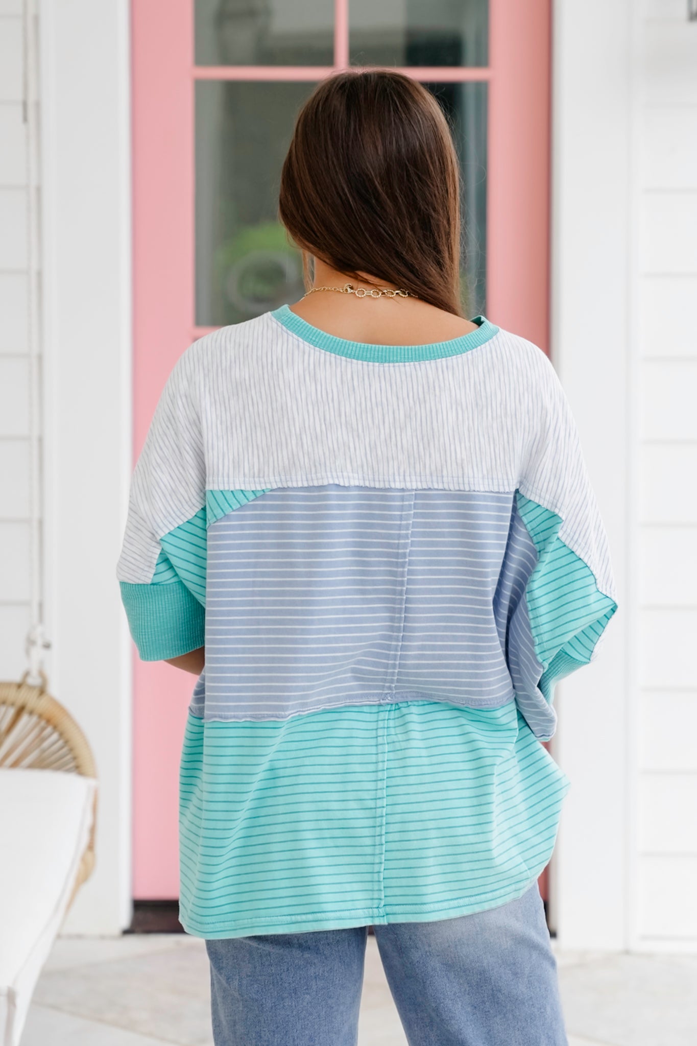 Mineral Wash Color Block Stripe Short Sleeve Top