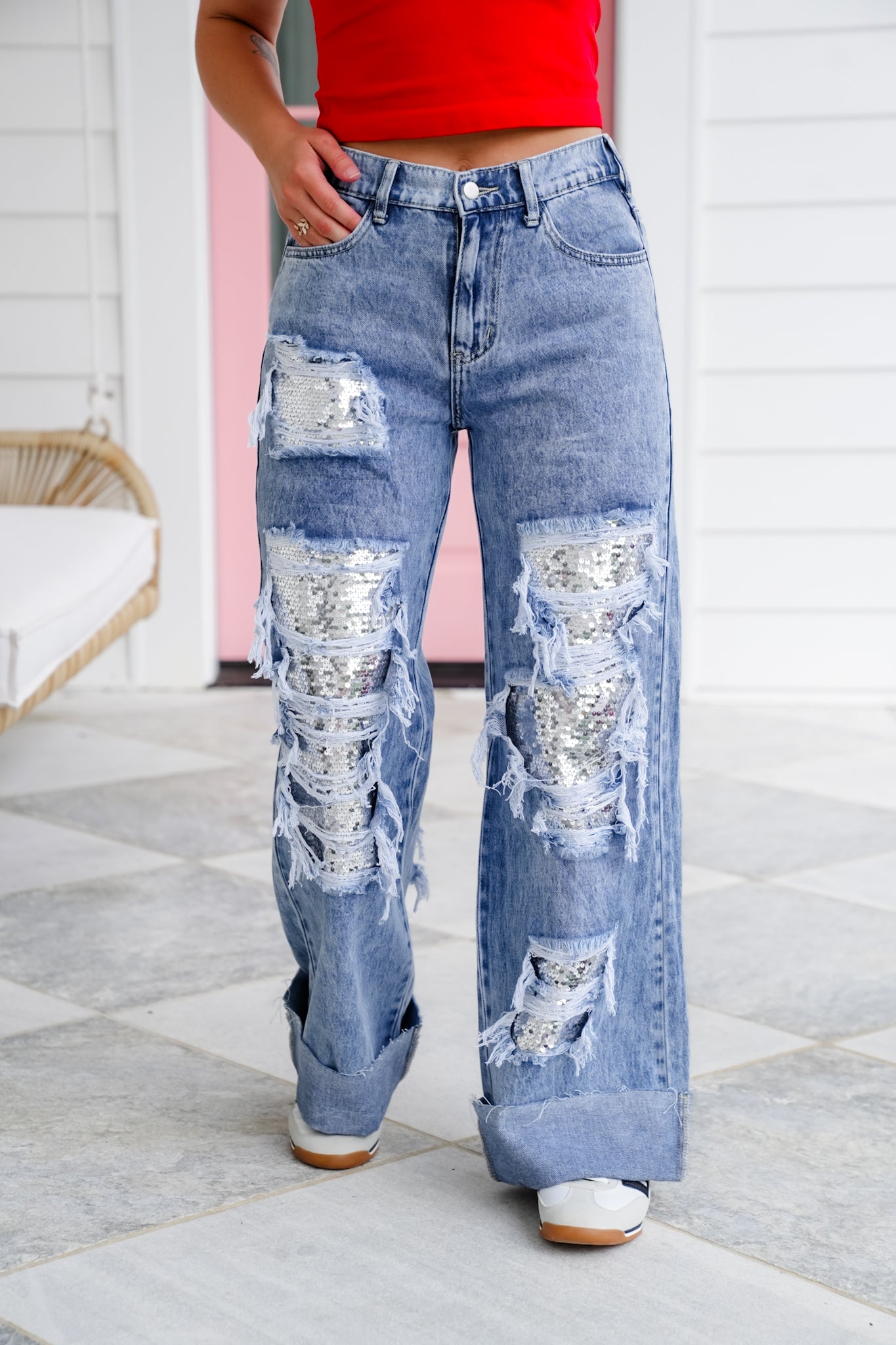 Distressed Mineral Wash Denim Jeans with Sequin Detail
