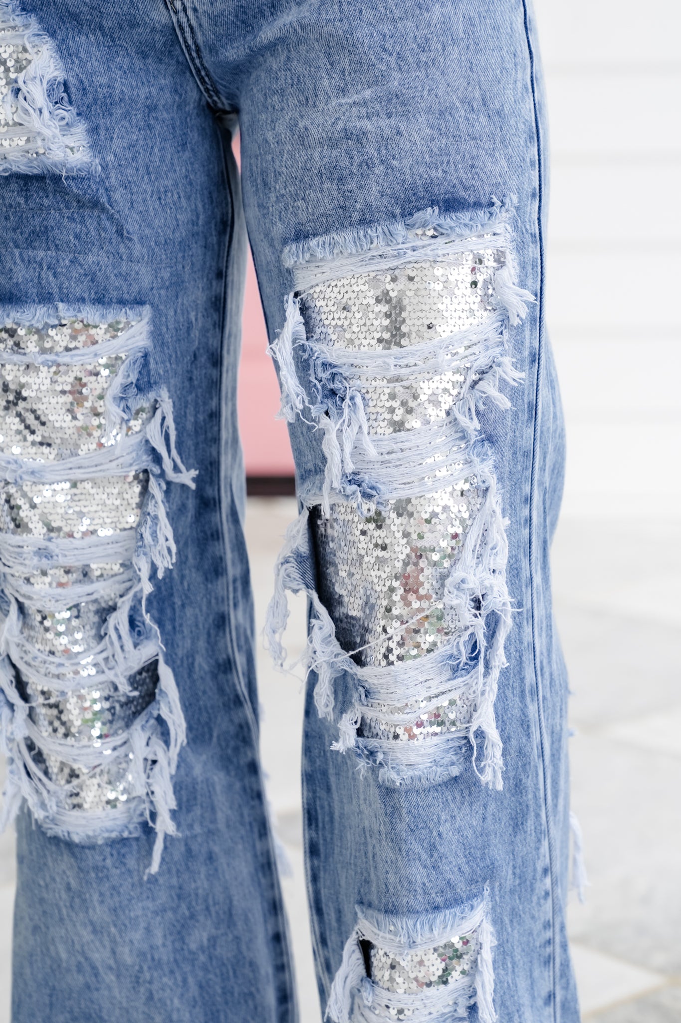 Distressed Mineral Wash Denim Jeans with Sequin Detail