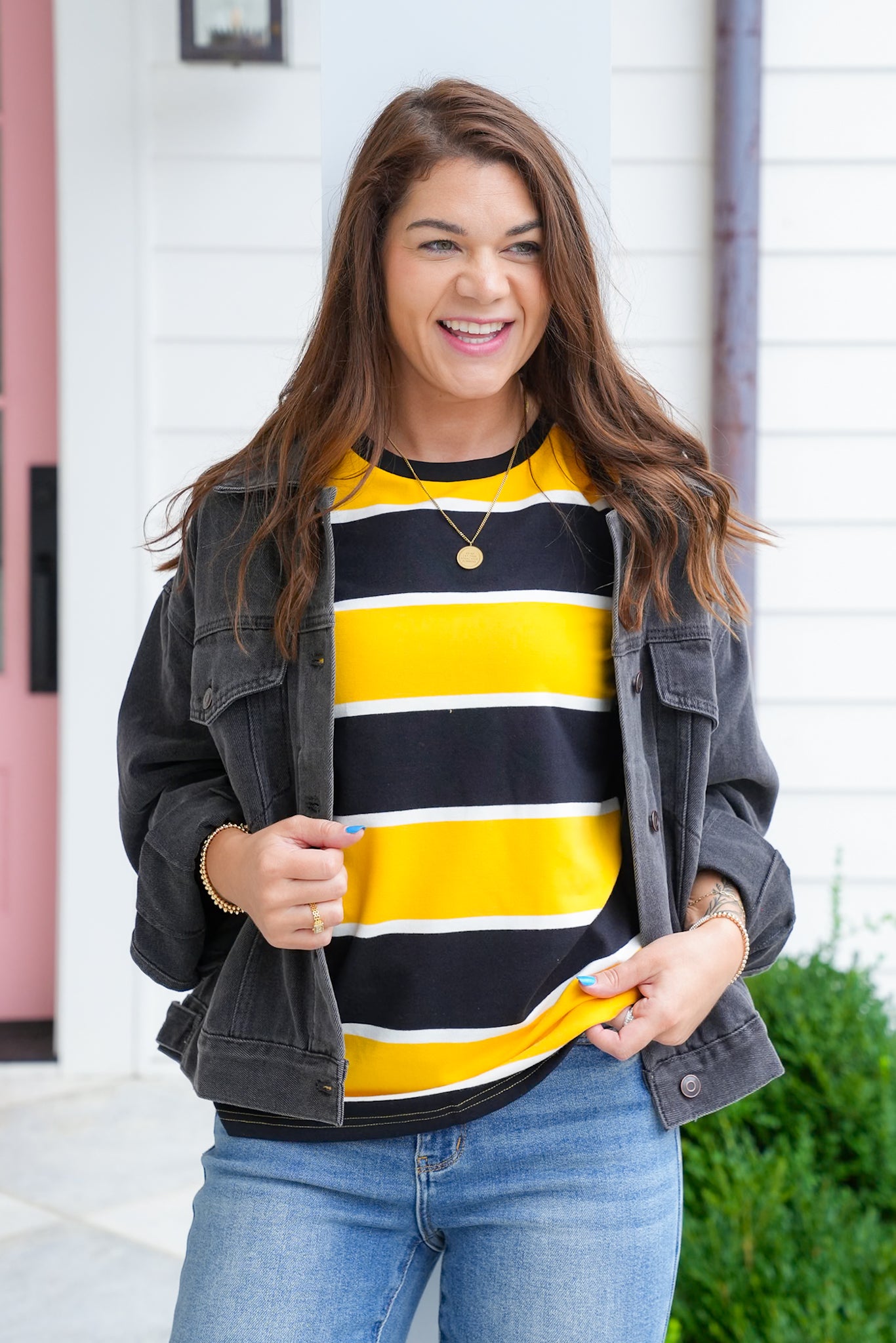 Yellow and Black Stripe Short Sleeve Top