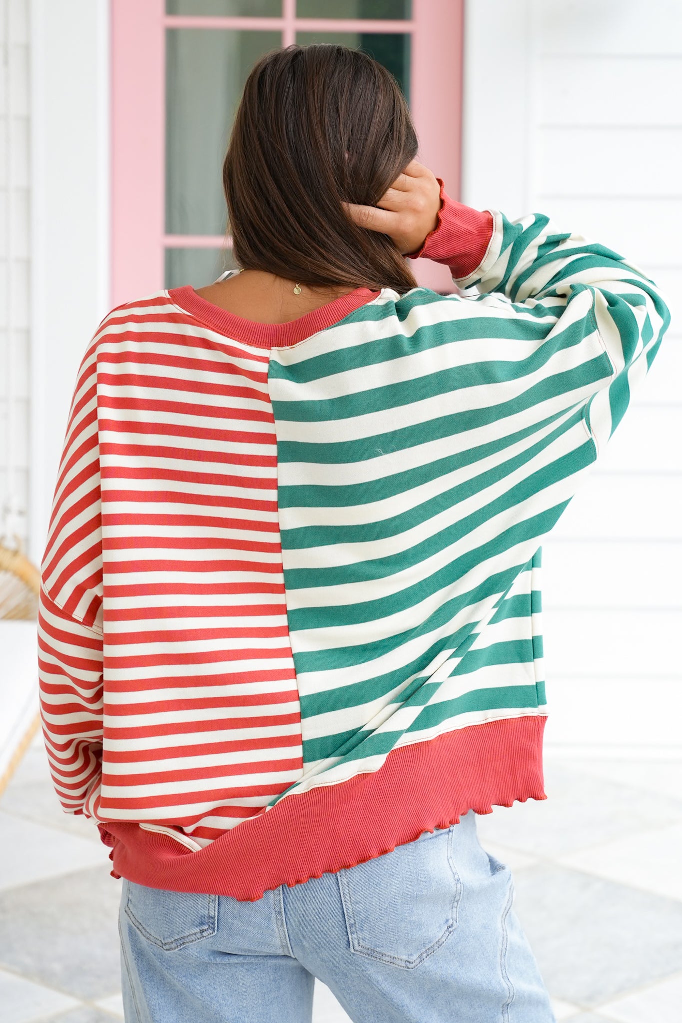 Striped Long Sleeve Crew Neck Sweatshirt with Hem Detail