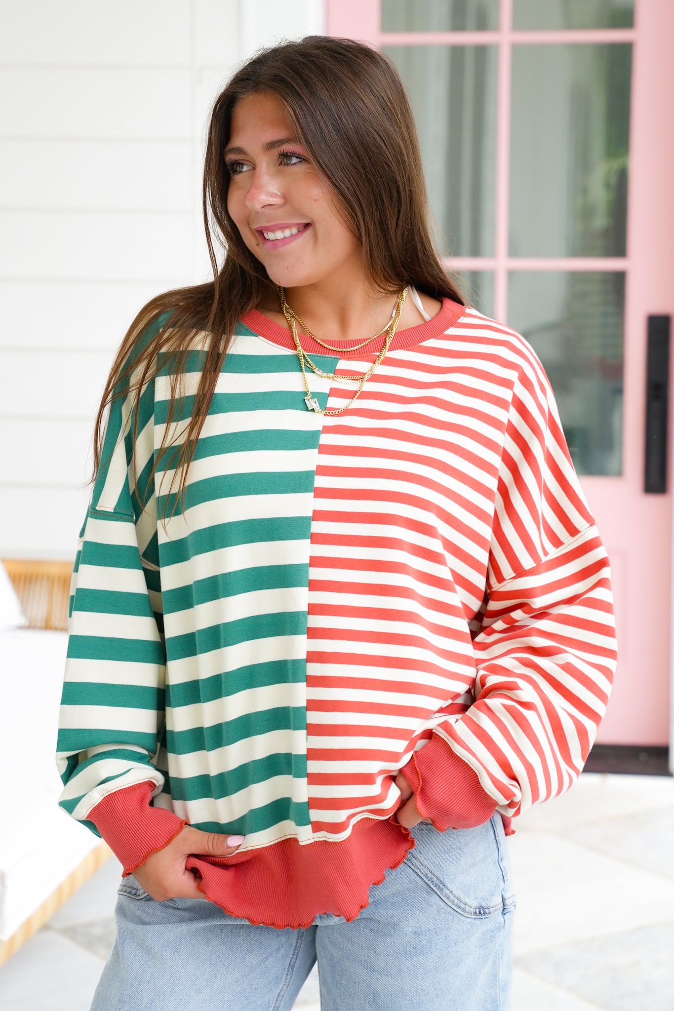 Striped Long Sleeve Crew Neck Sweatshirt with Hem Detail