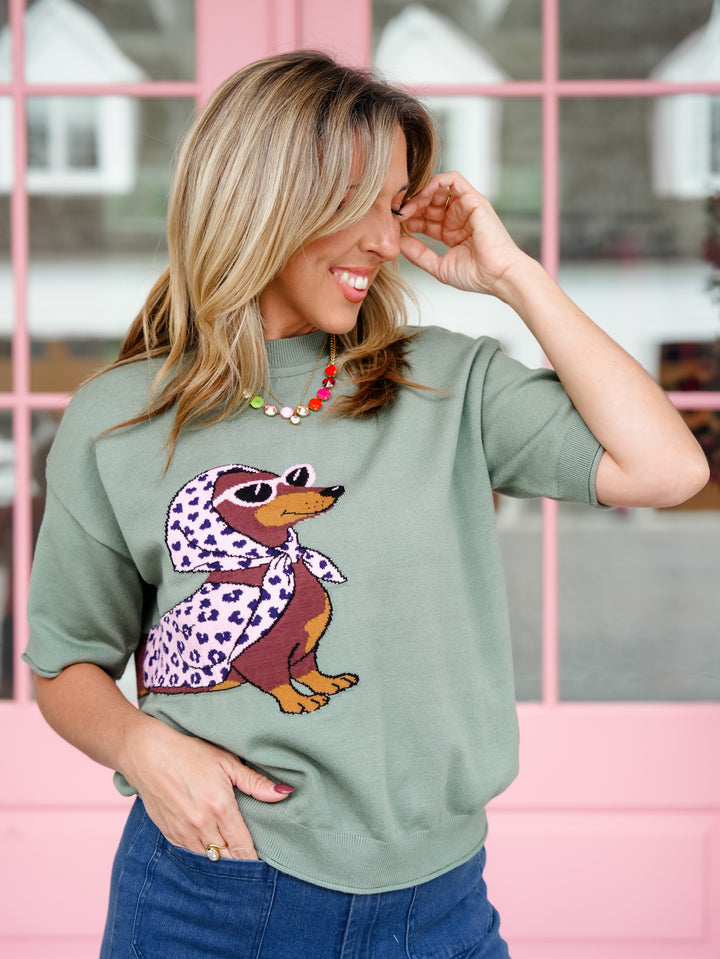 Glam Dachshund Short Sleeve Knit Sweater - Freckled Poppy