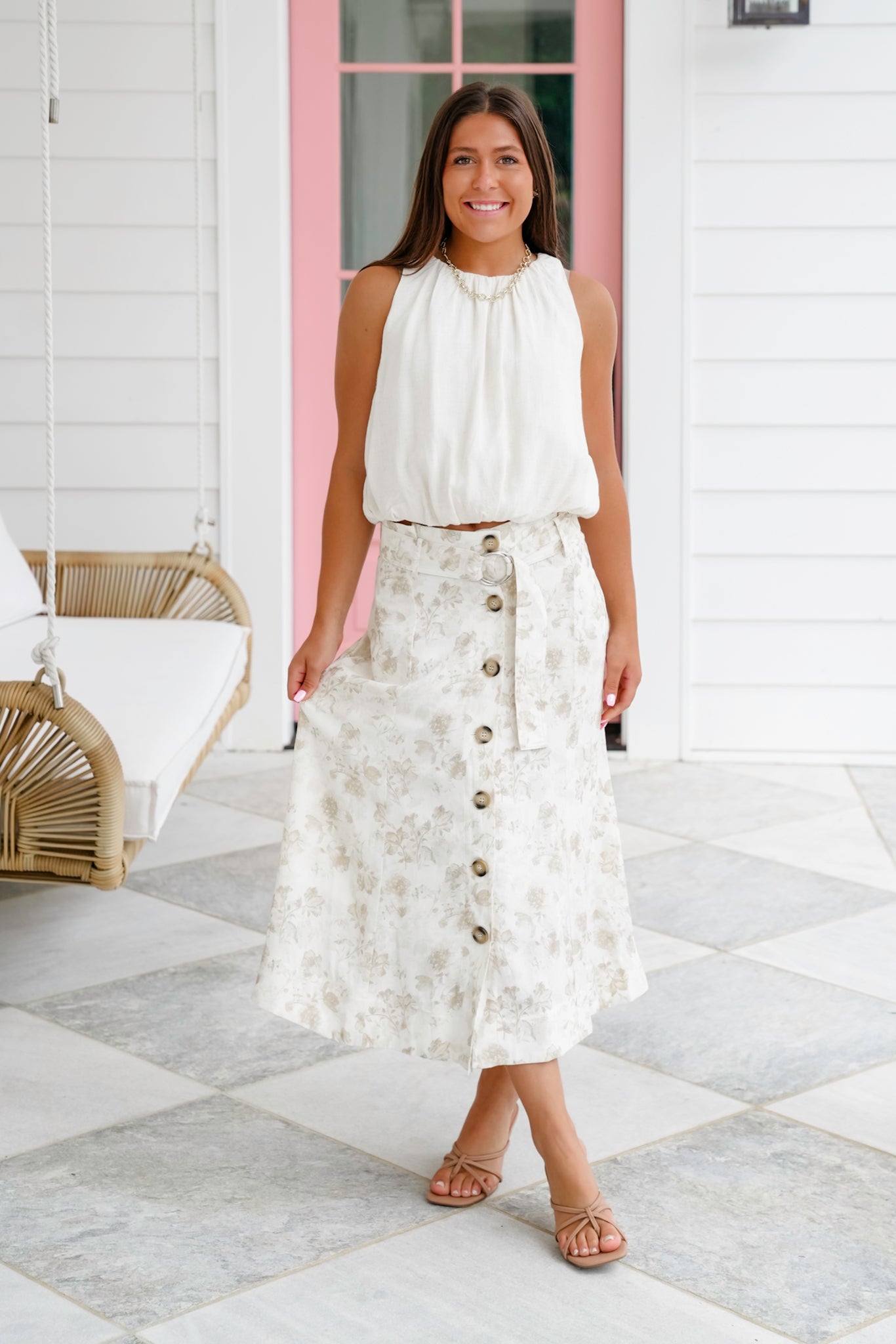 Floral Linen Blend Button Down Skirt