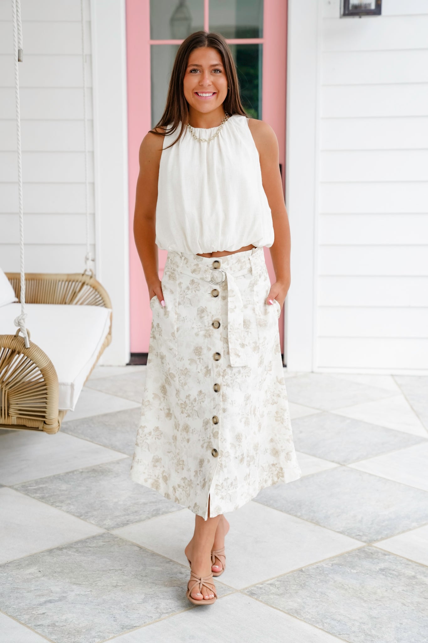Floral Linen Blend Button Down Skirt