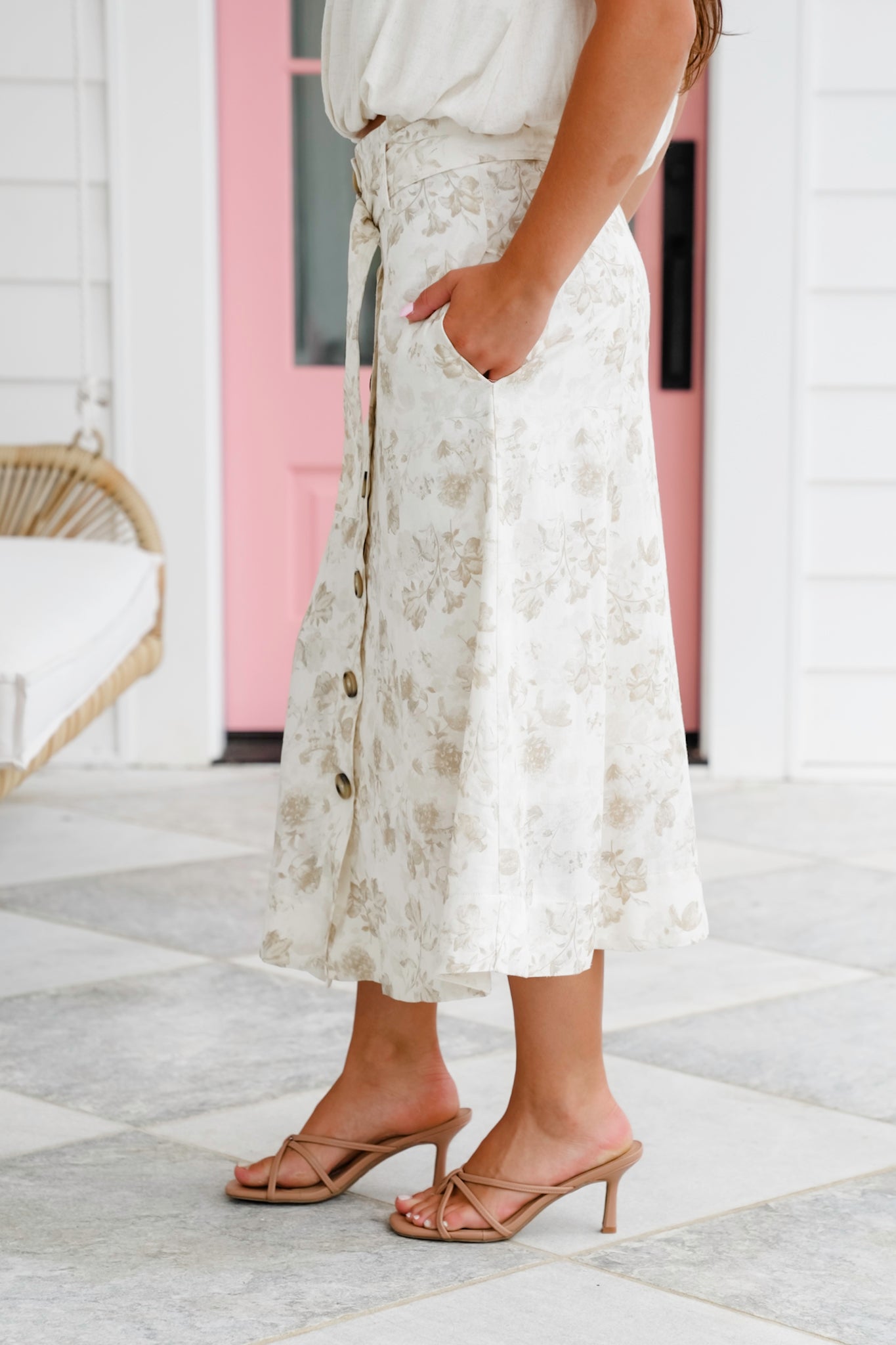 Floral Linen Blend Button Down Skirt