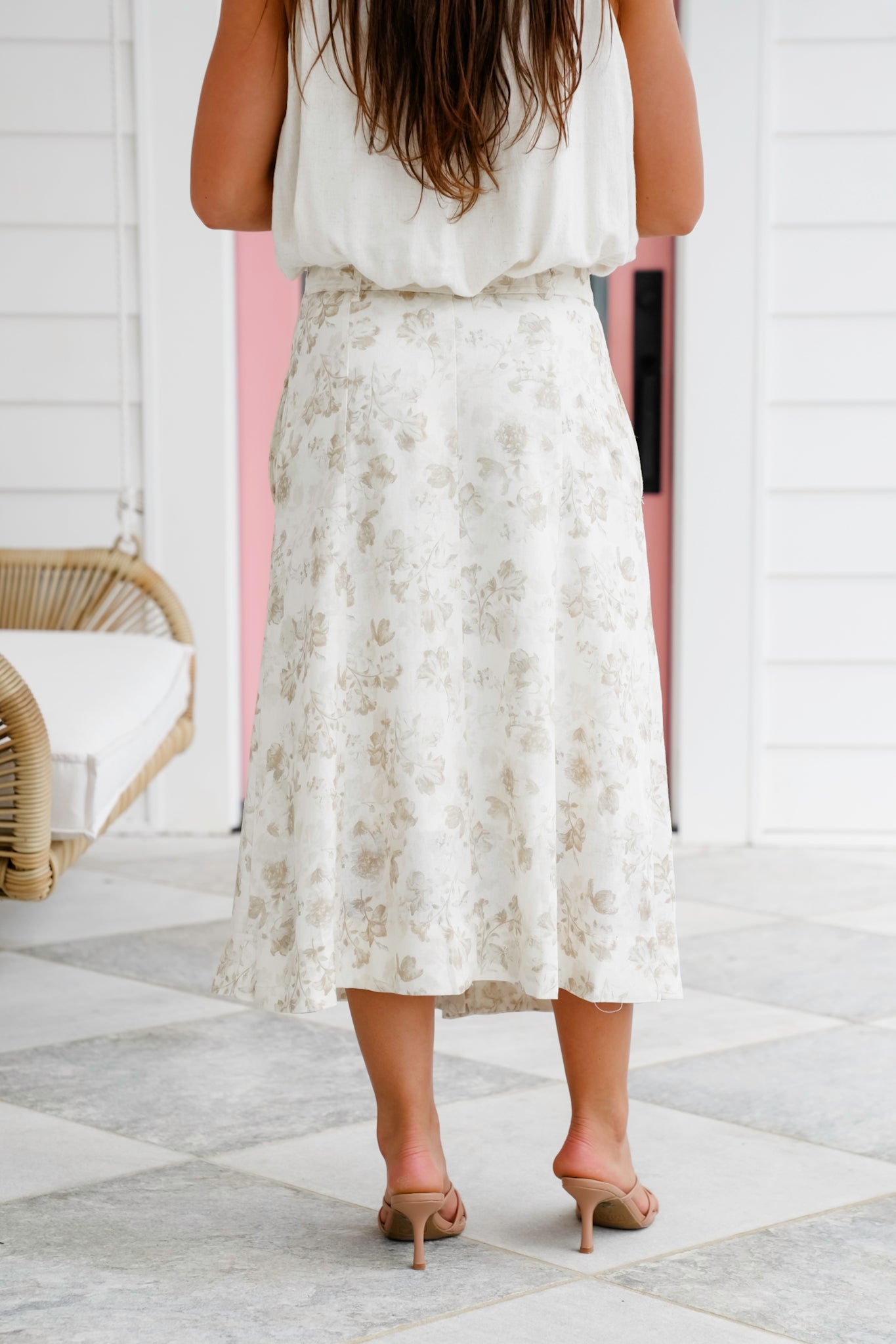 Floral Linen Blend Button Down Skirt