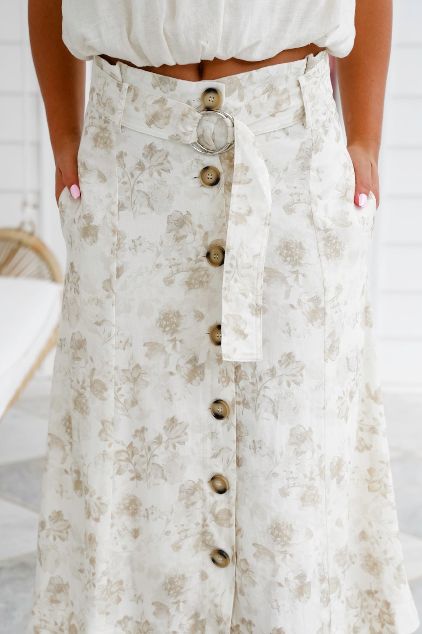 Floral Linen Blend Button Down Skirt