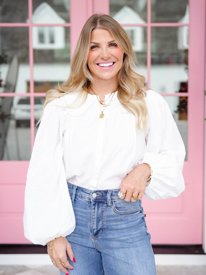 Bubble Sleeve Lace Trim Collar Button Down Blouse