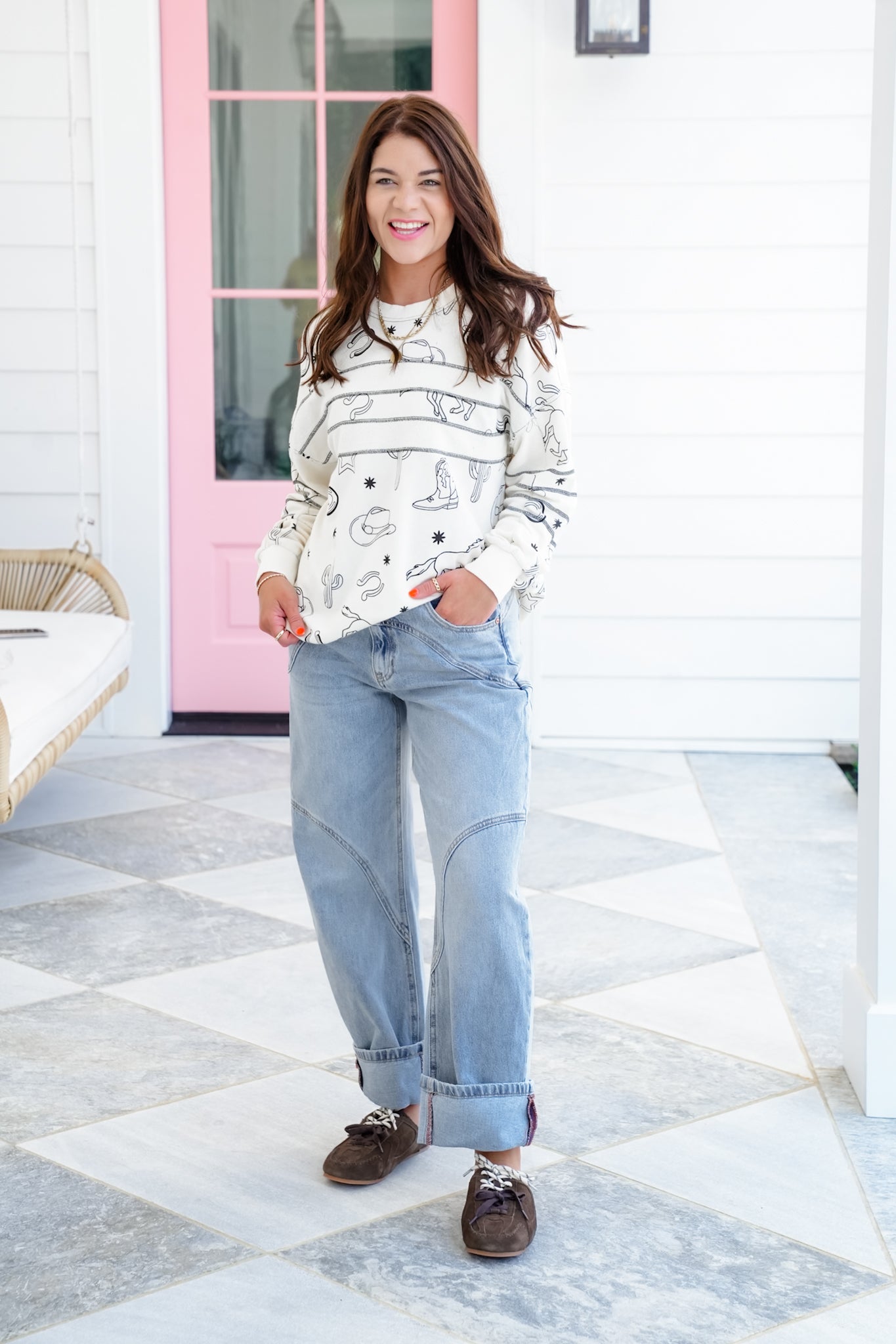 Western Print Long Sleeve Terry Pullover Top