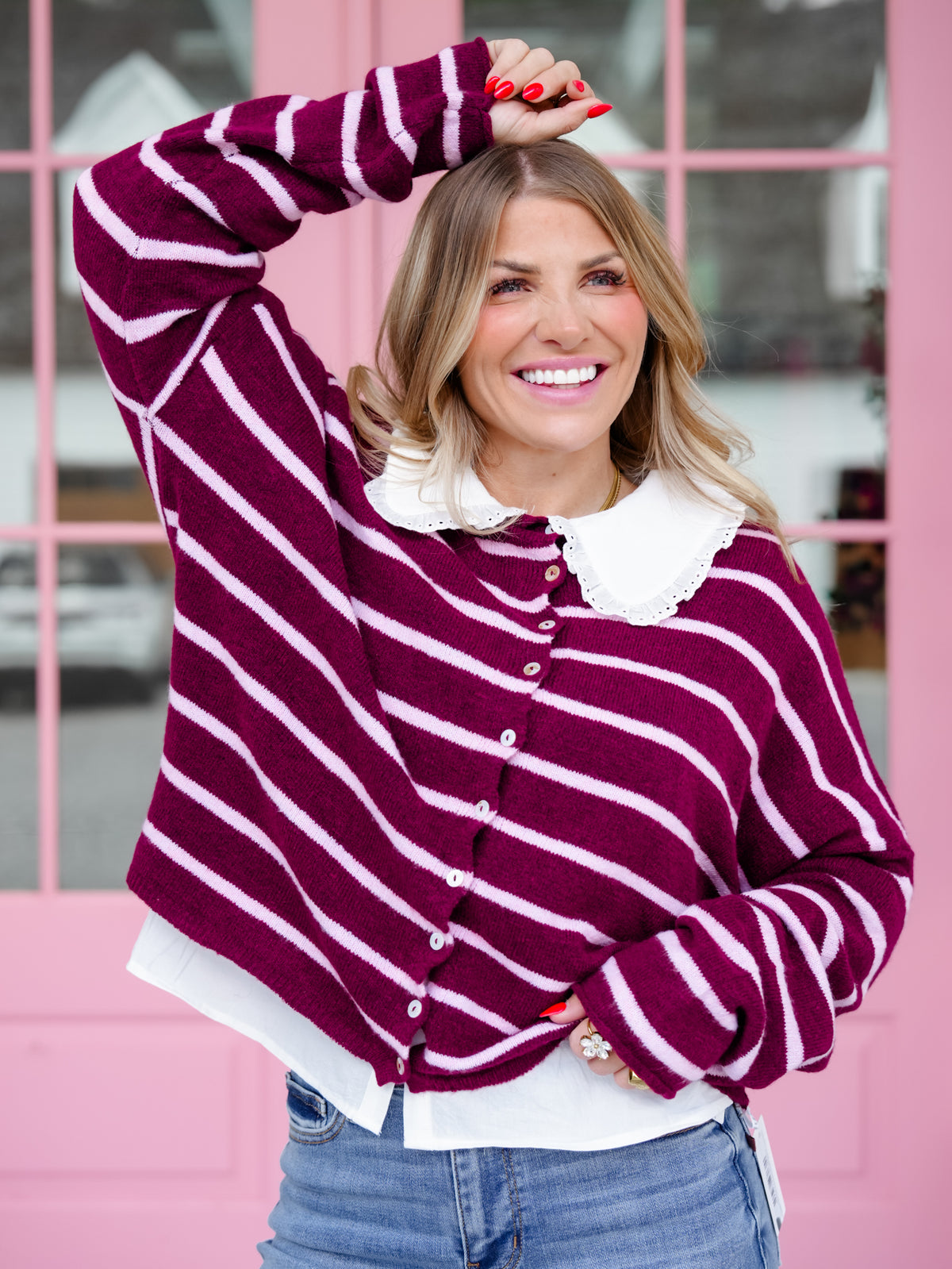Rolled Edge Striped Button Up Cardigan
