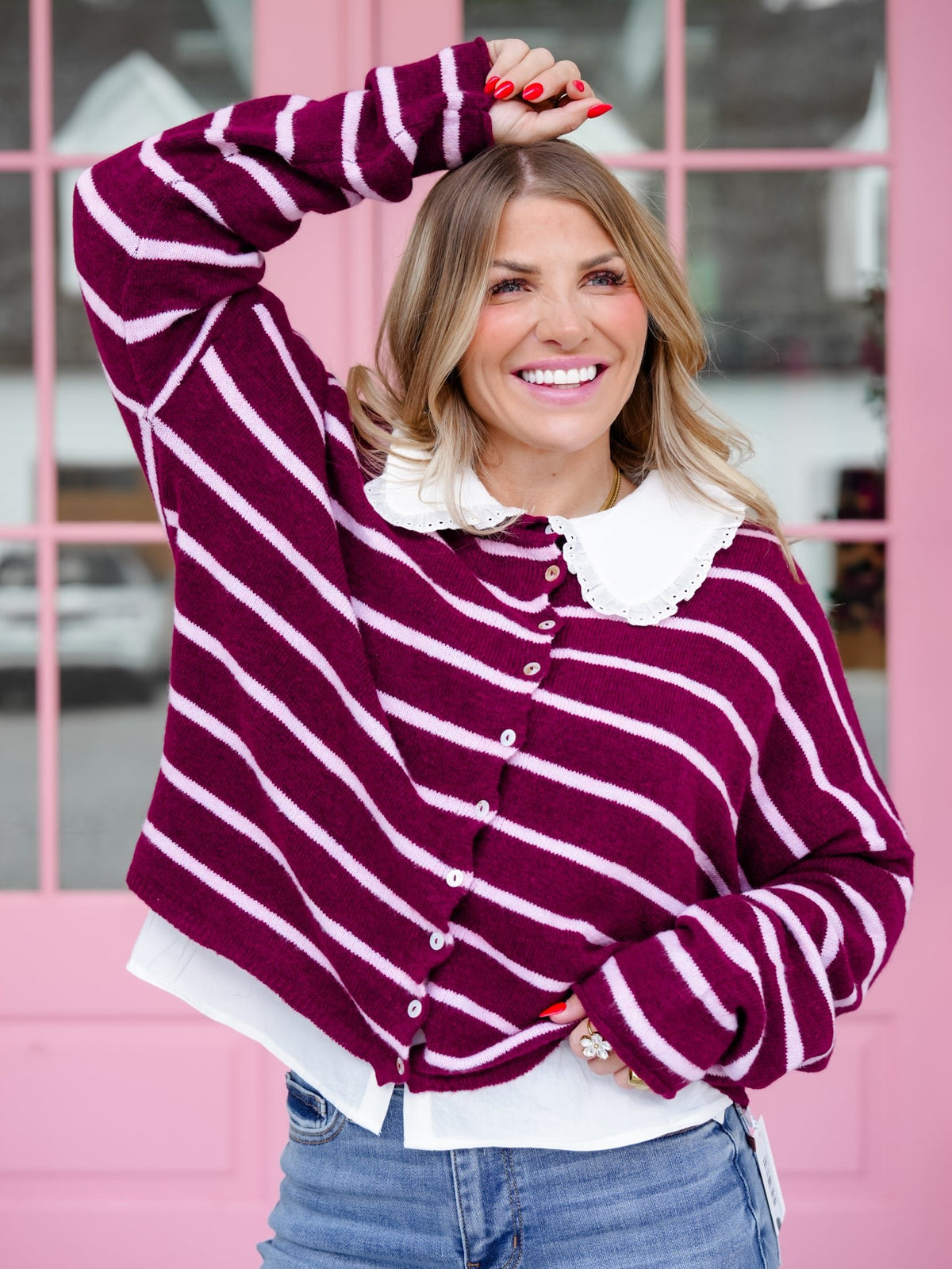 Rolled Edge Striped Button Up Cardigan - Freckled Poppy