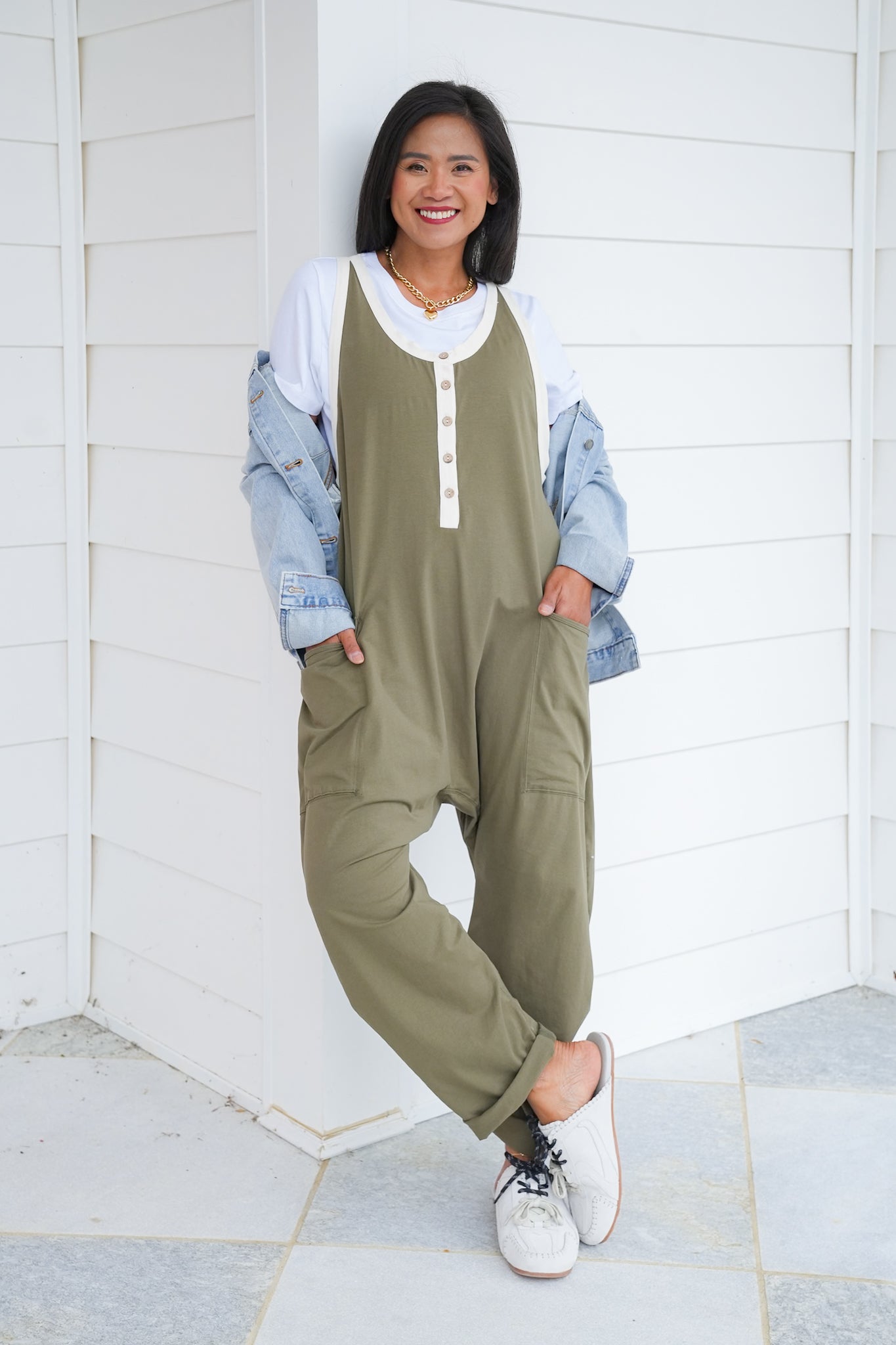 Sleeveless Adjustable Strap Jumpsuit with Button Detail