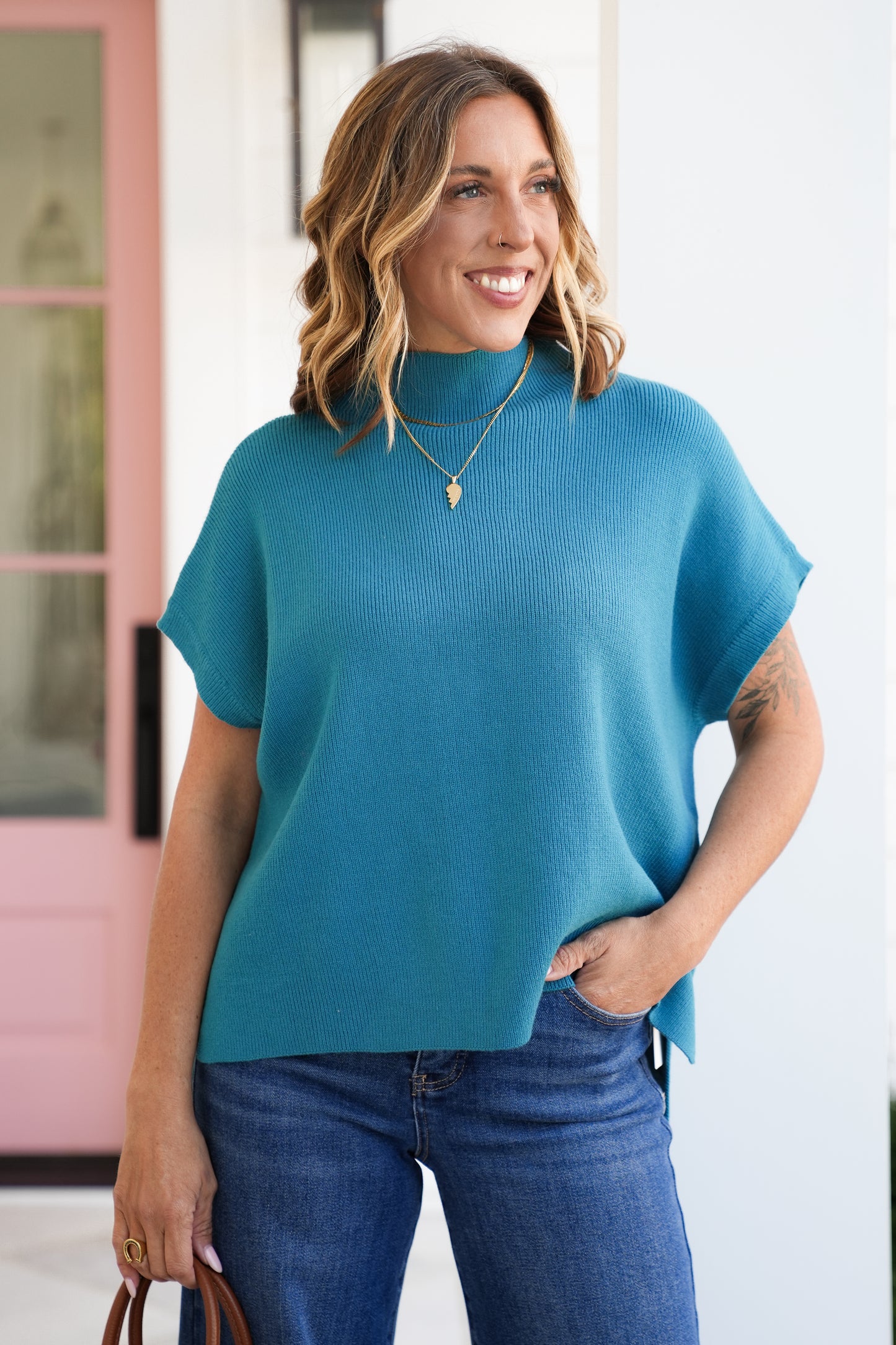 Short Sleeve Drop Shoulder Mock Neck Sweater Top