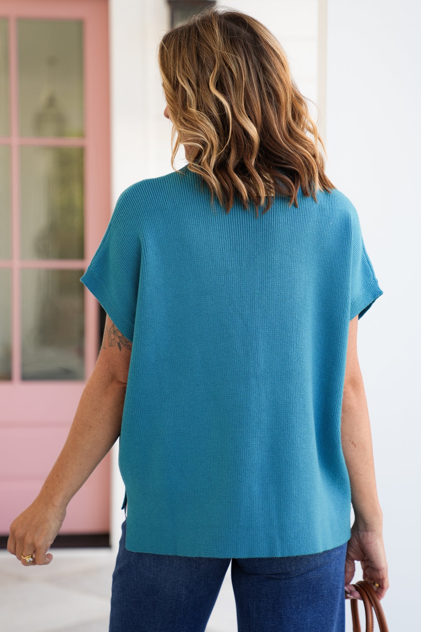 Short Sleeve Drop Shoulder Mock Neck Sweater Top
