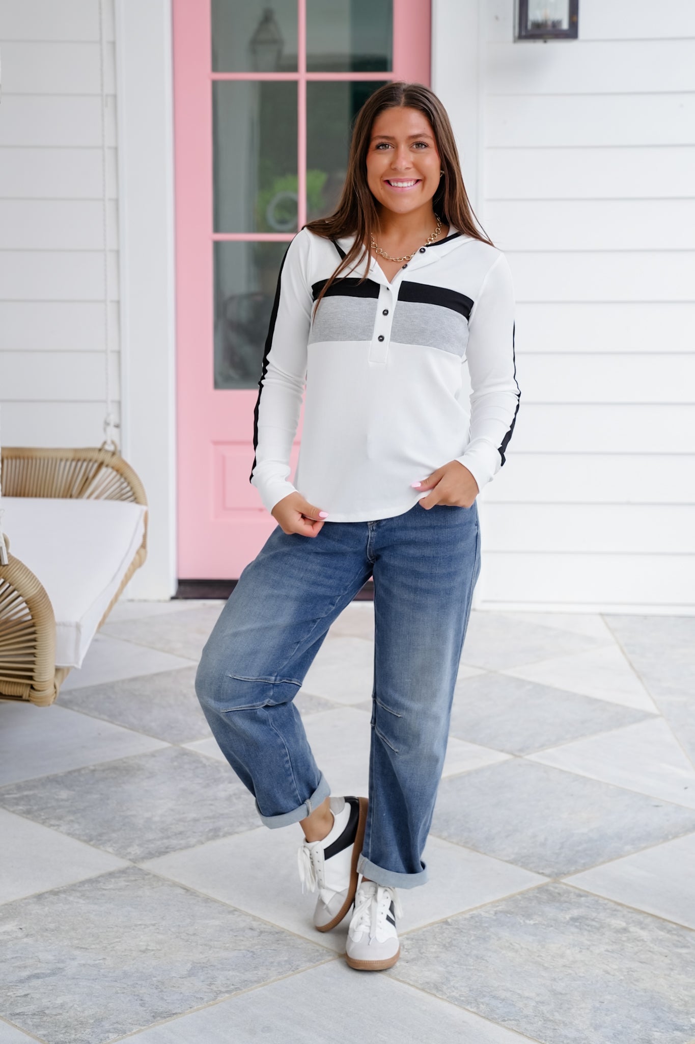 Color Block Long Sleeve Button Up Hooded Ribbed Knit Top