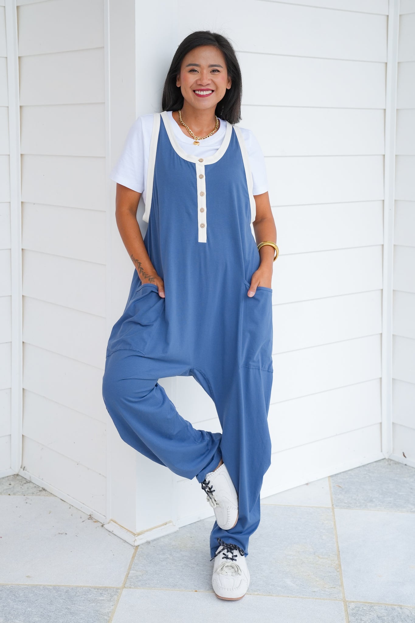 Sleeveless Adjustable Strap Jumpsuit with Button Detail