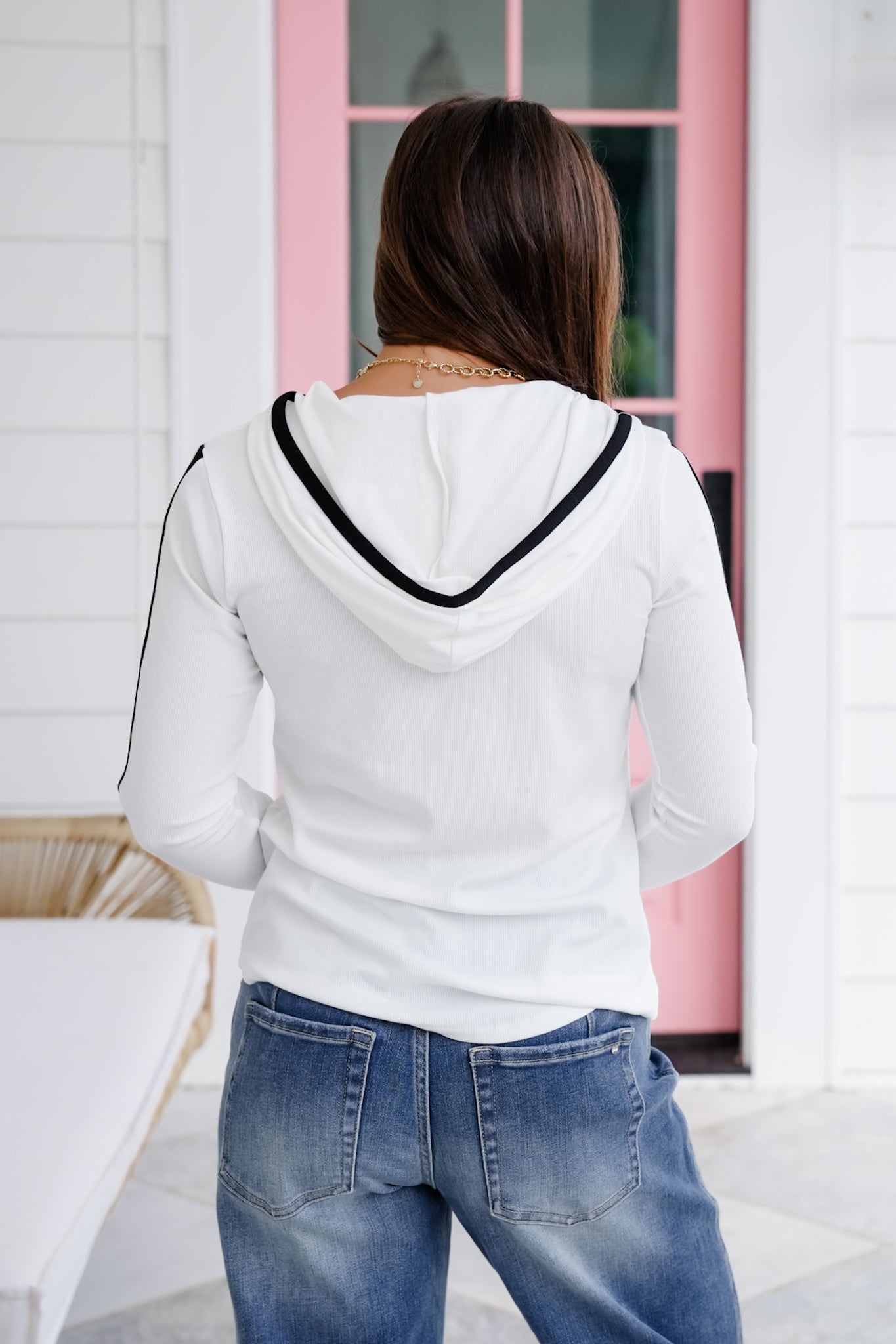Color Block Long Sleeve Button Up Hooded Ribbed Knit Top