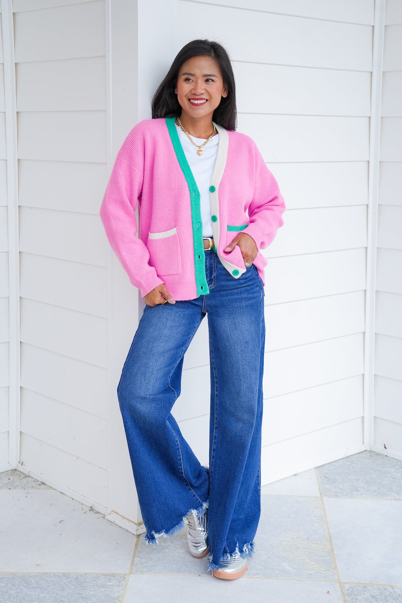 Long Sleeve Knit Cardigan with Contrast Trim Detail