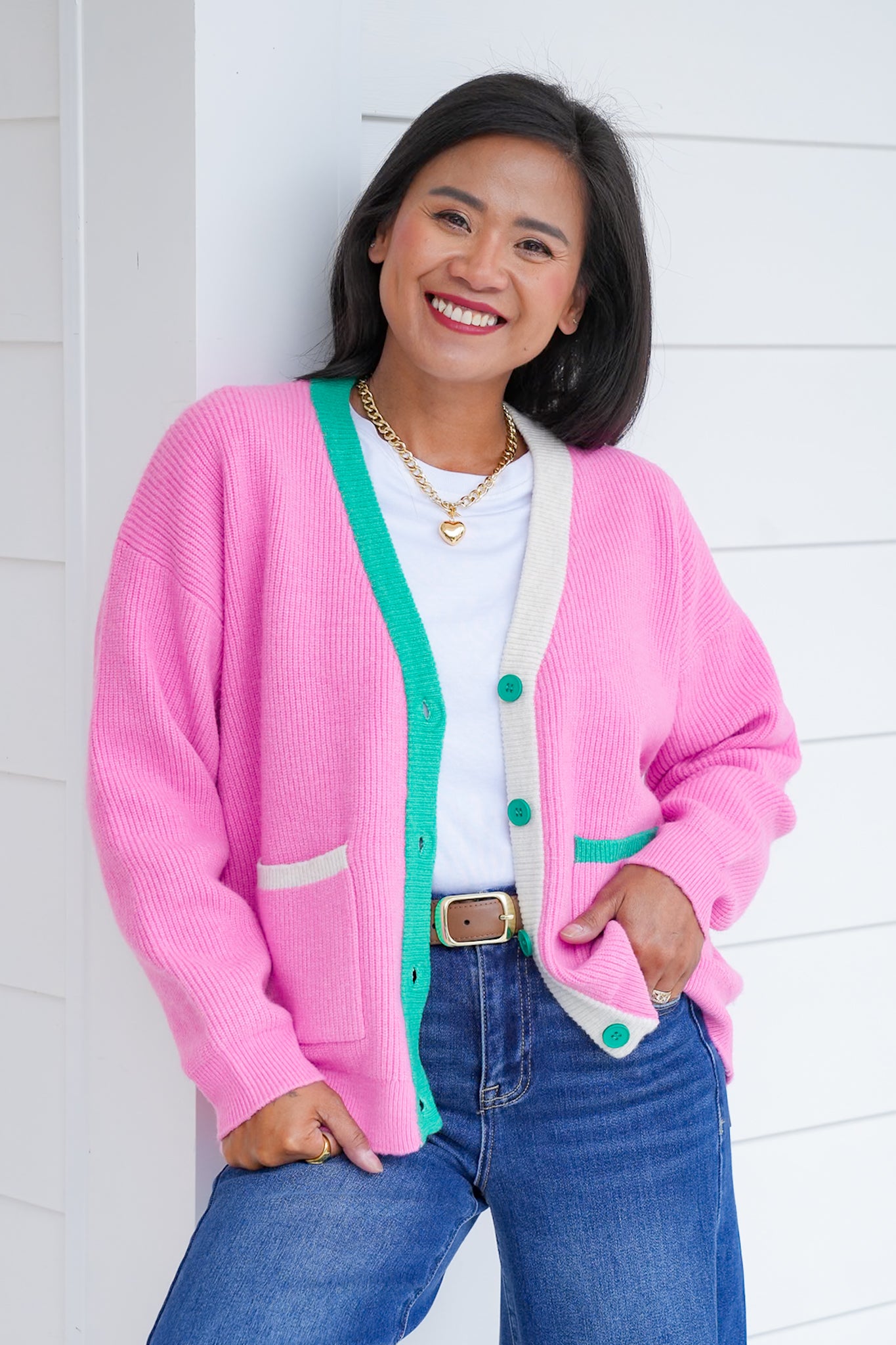 Long Sleeve Knit Cardigan with Contrast Trim Detail