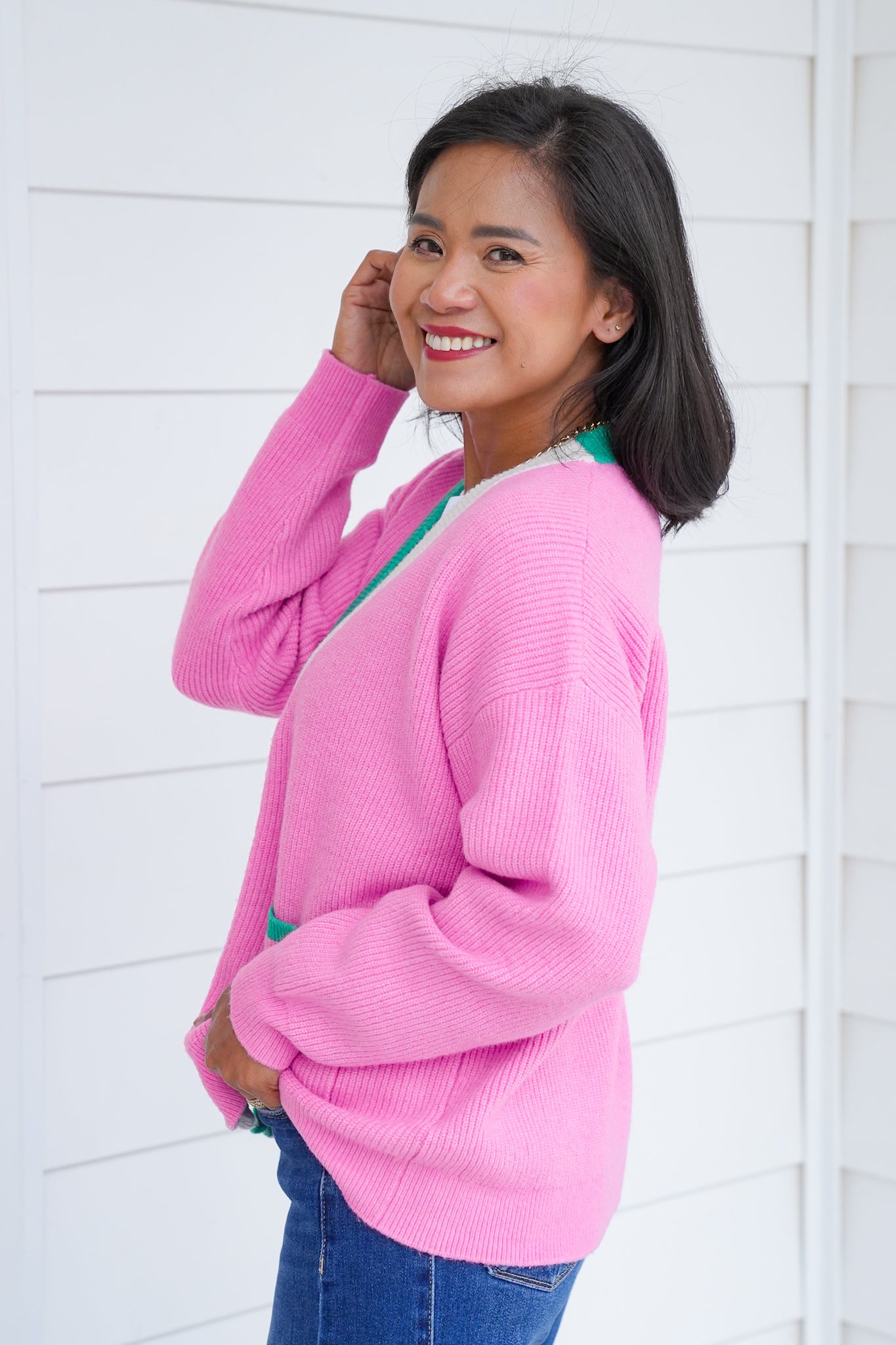 Long Sleeve Knit Cardigan with Contrast Trim Detail