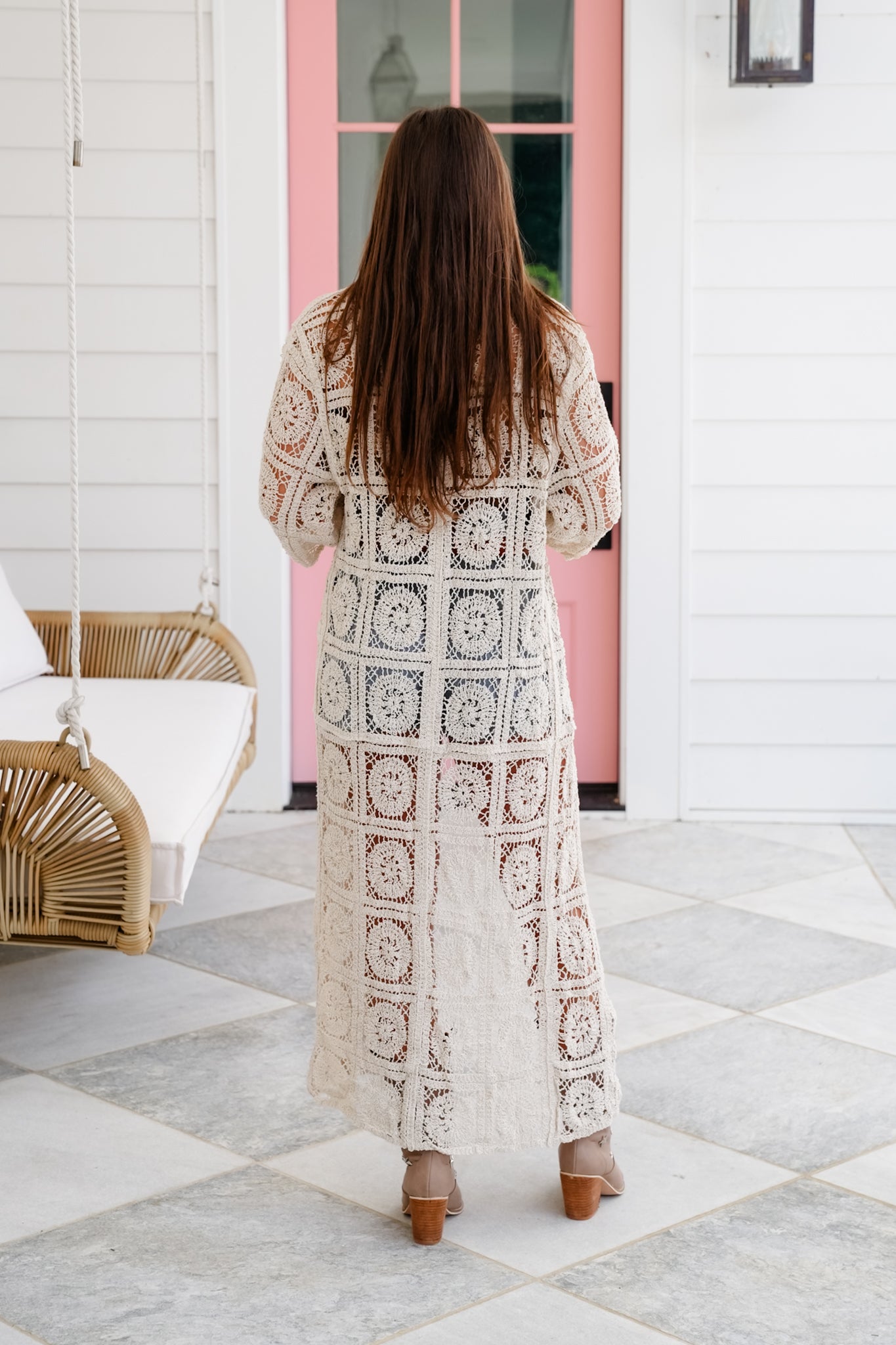 POL Crochet 3/4 Sleeve Long Cardigan with Front Tie Detail