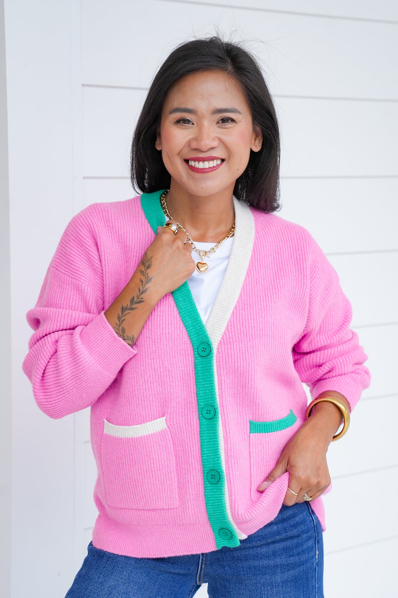 Long Sleeve Knit Cardigan with Contrast Trim Detail