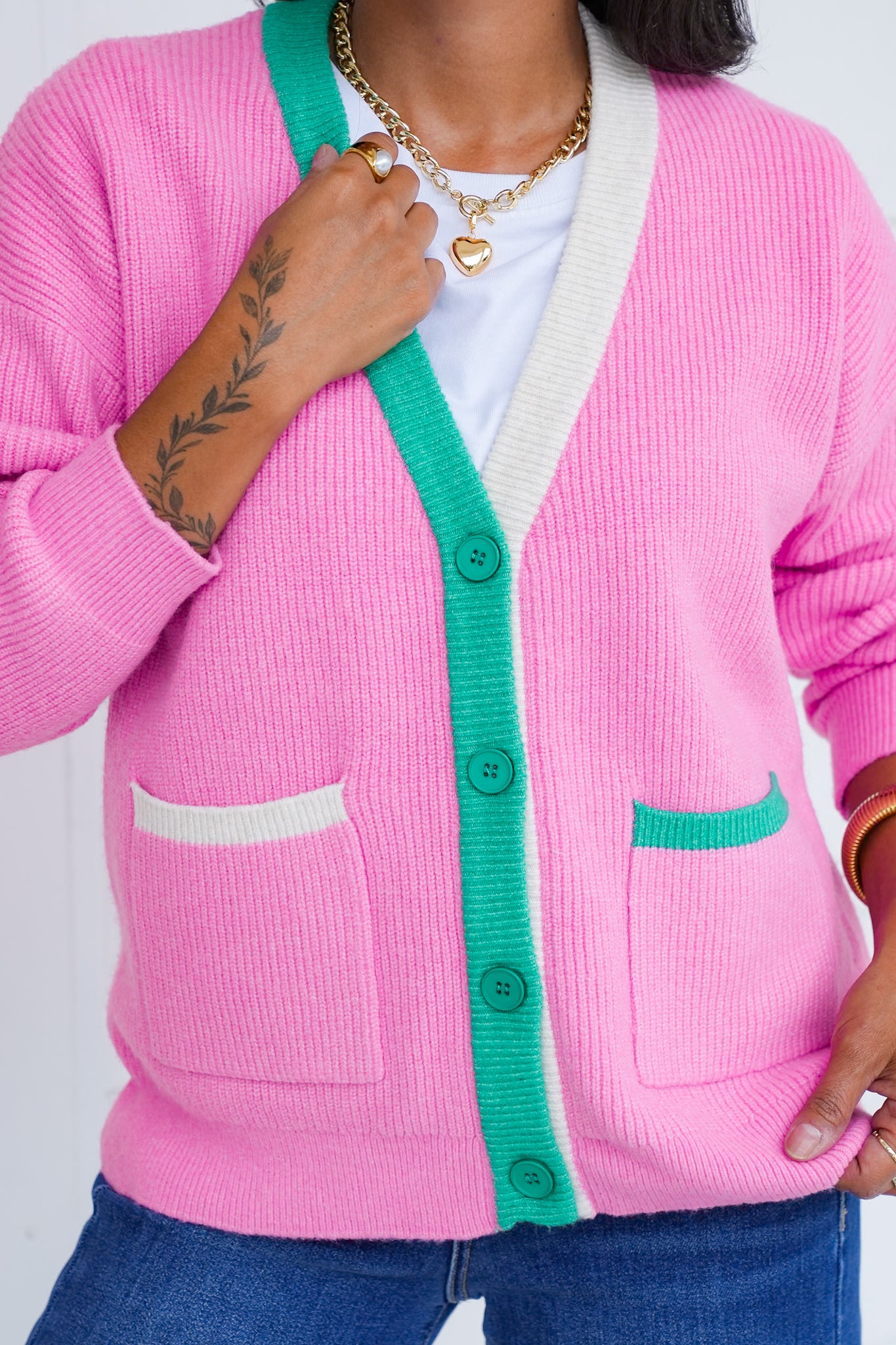 Long Sleeve Knit Cardigan with Contrast Trim Detail
