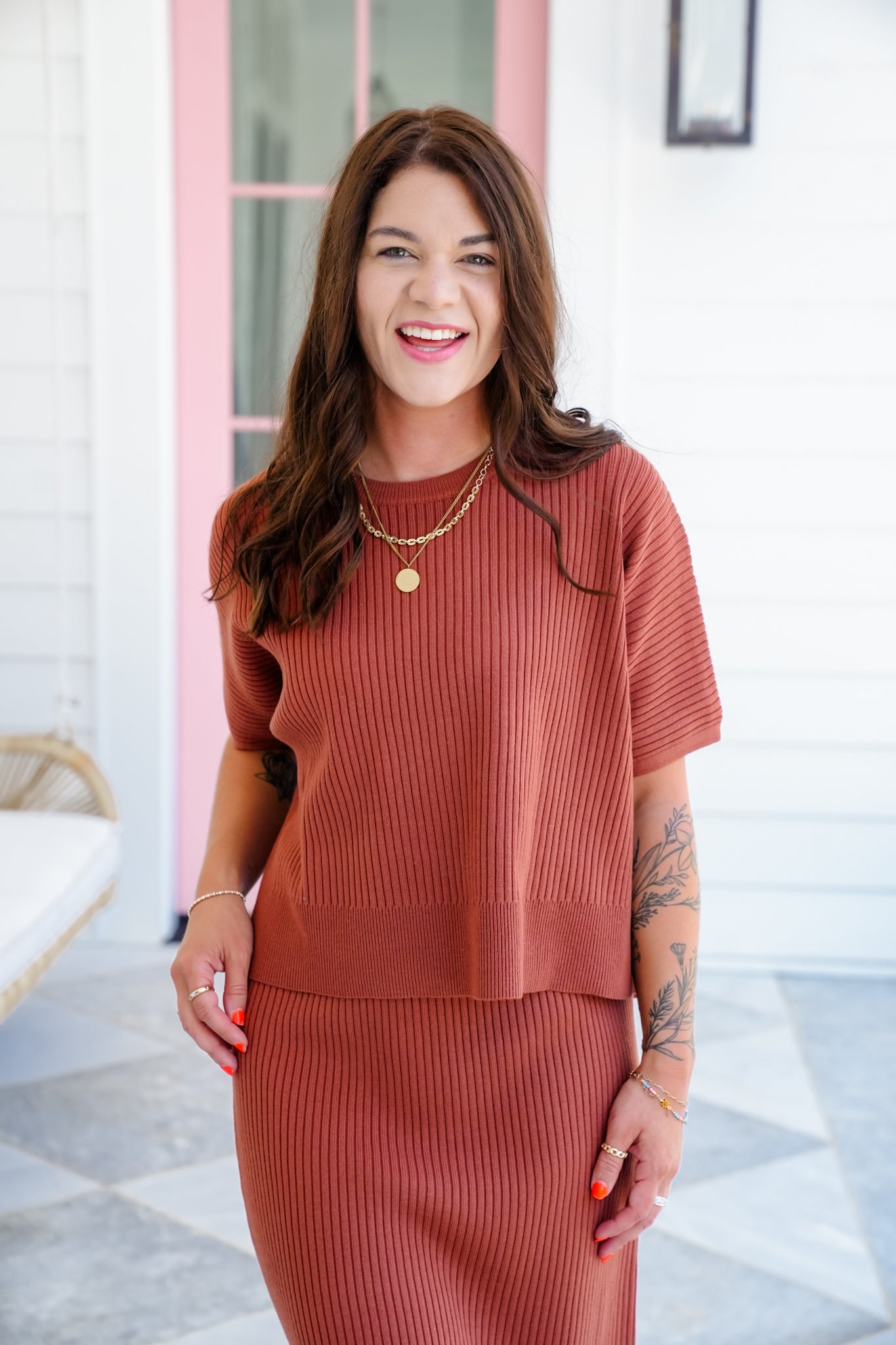 Ribbed Knit Short Sleeve Top and Skirt Set