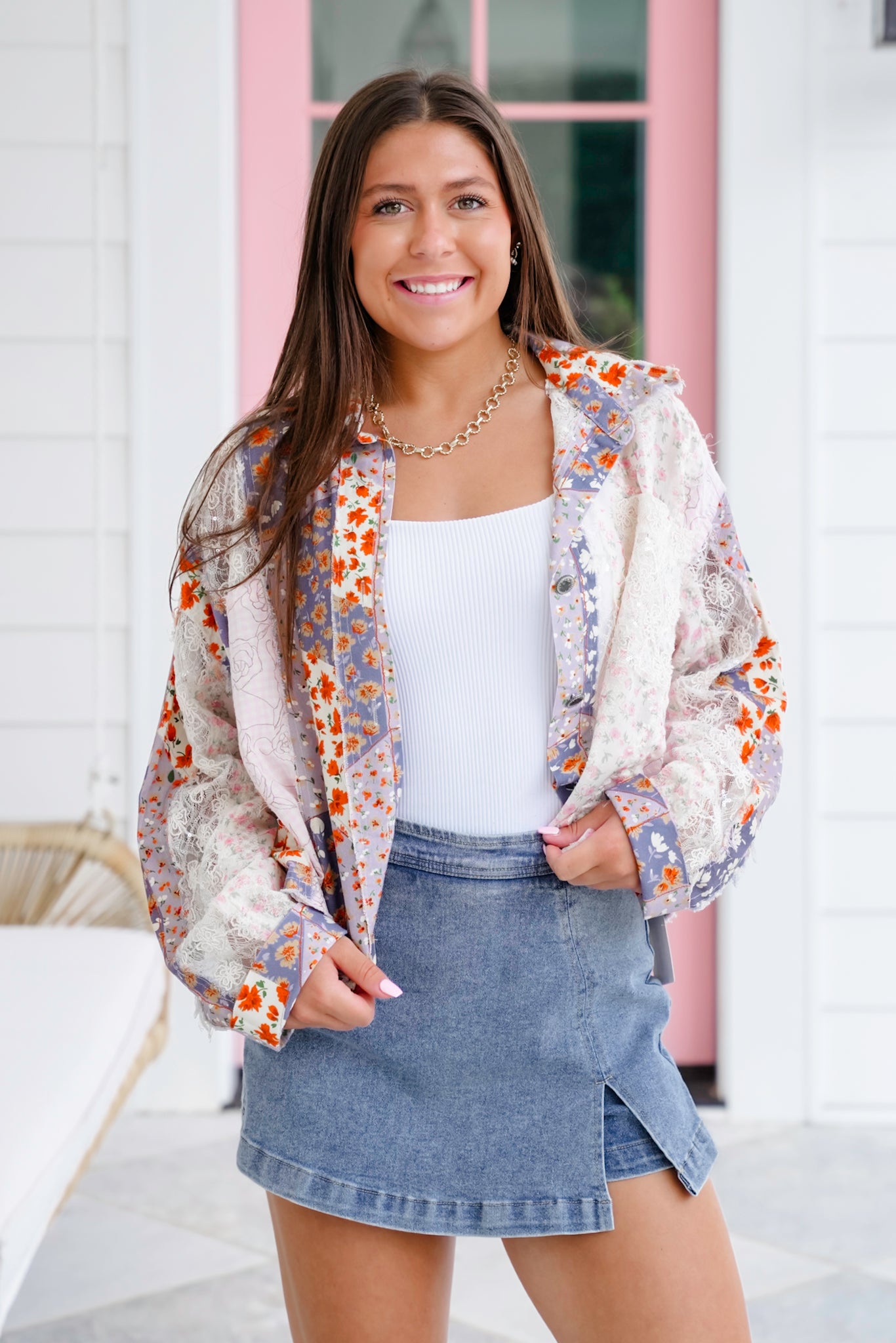 POL Long Sleeve Button Up Top with Floral Patchwork Detail
